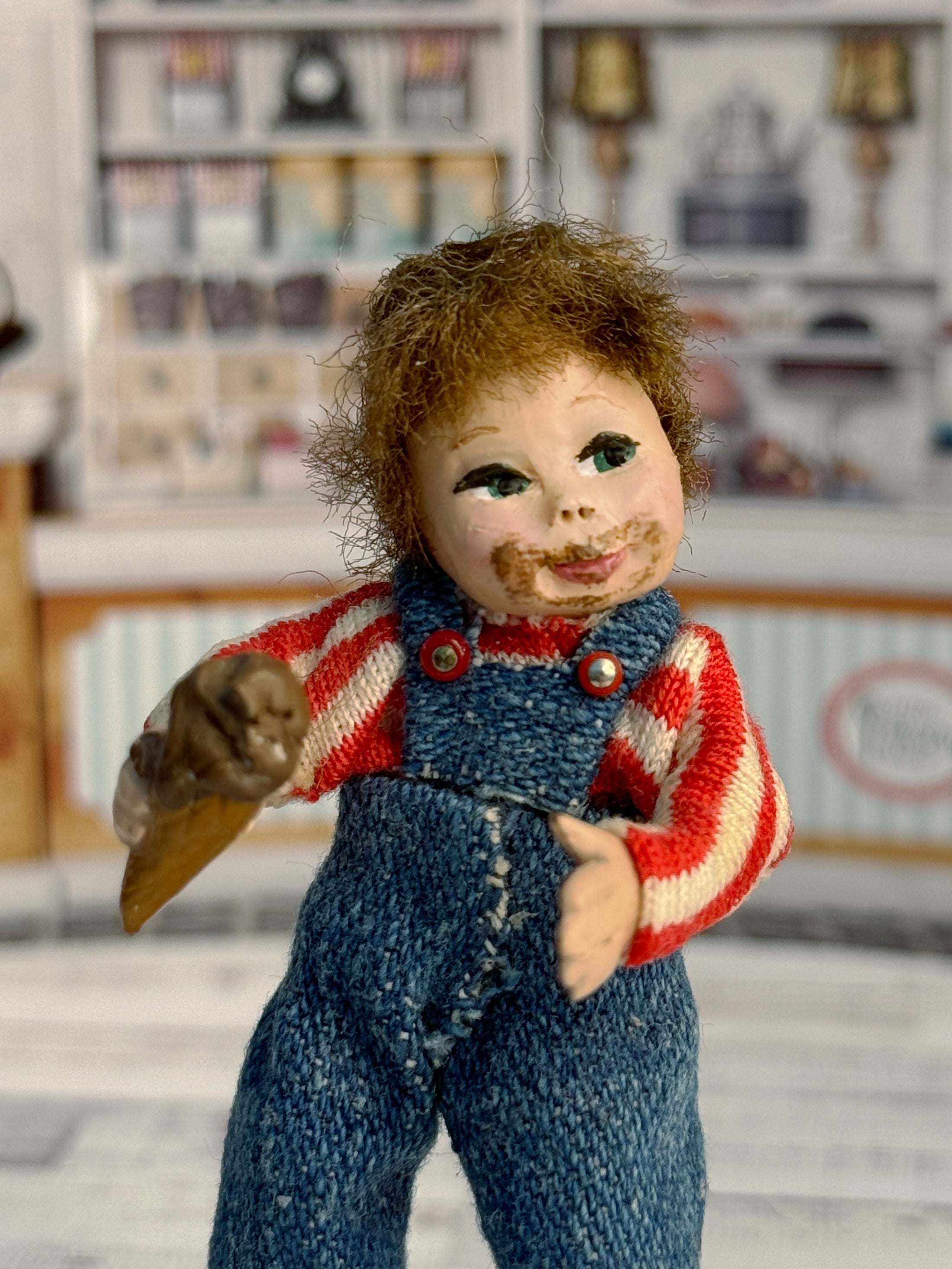 Messy Little Boy Doll with Overalls & Ice Cream Cone, close up shot