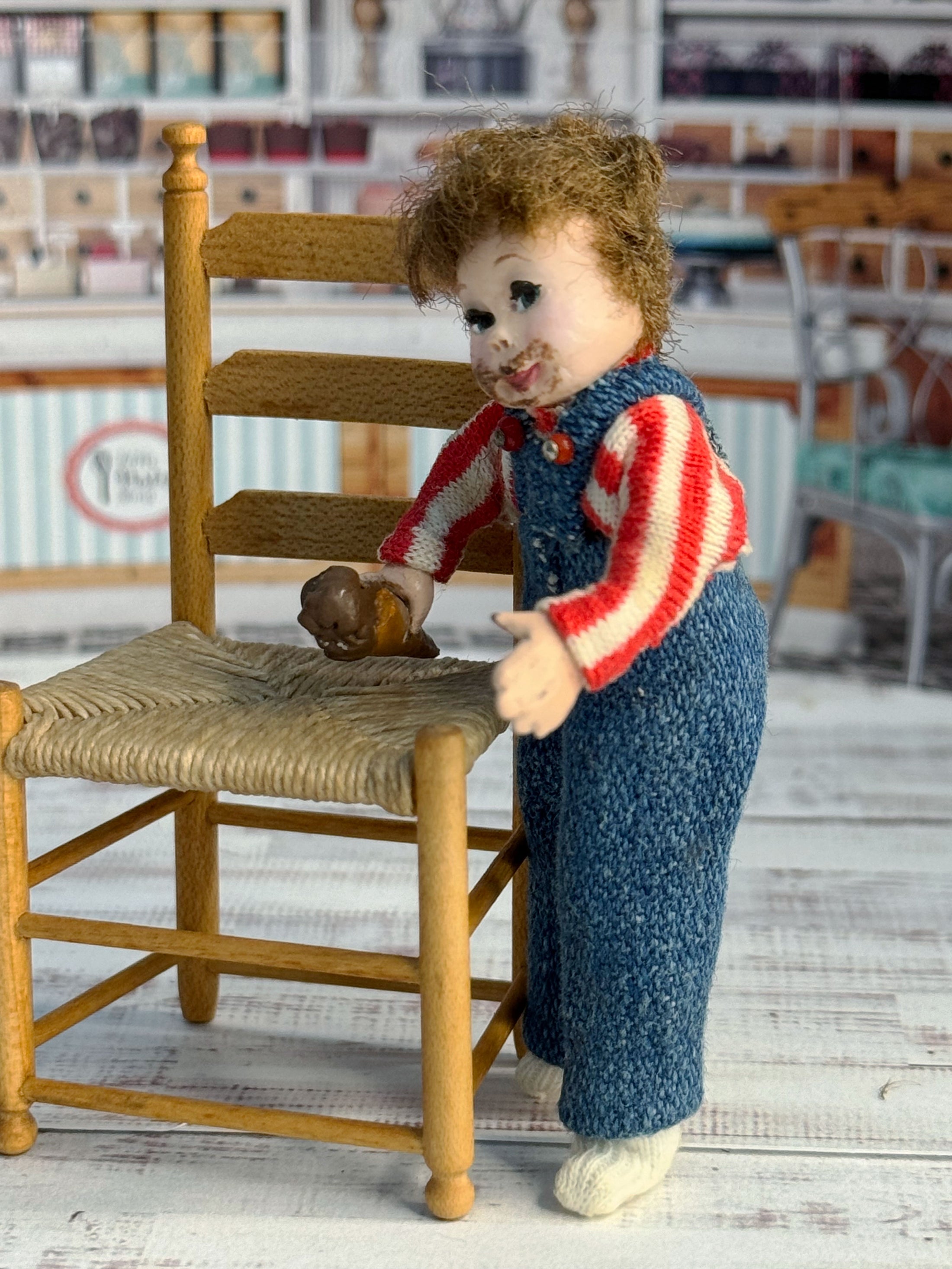 Messy Little Boy Doll with Overalls & Ice Cream Cone, standing, left side