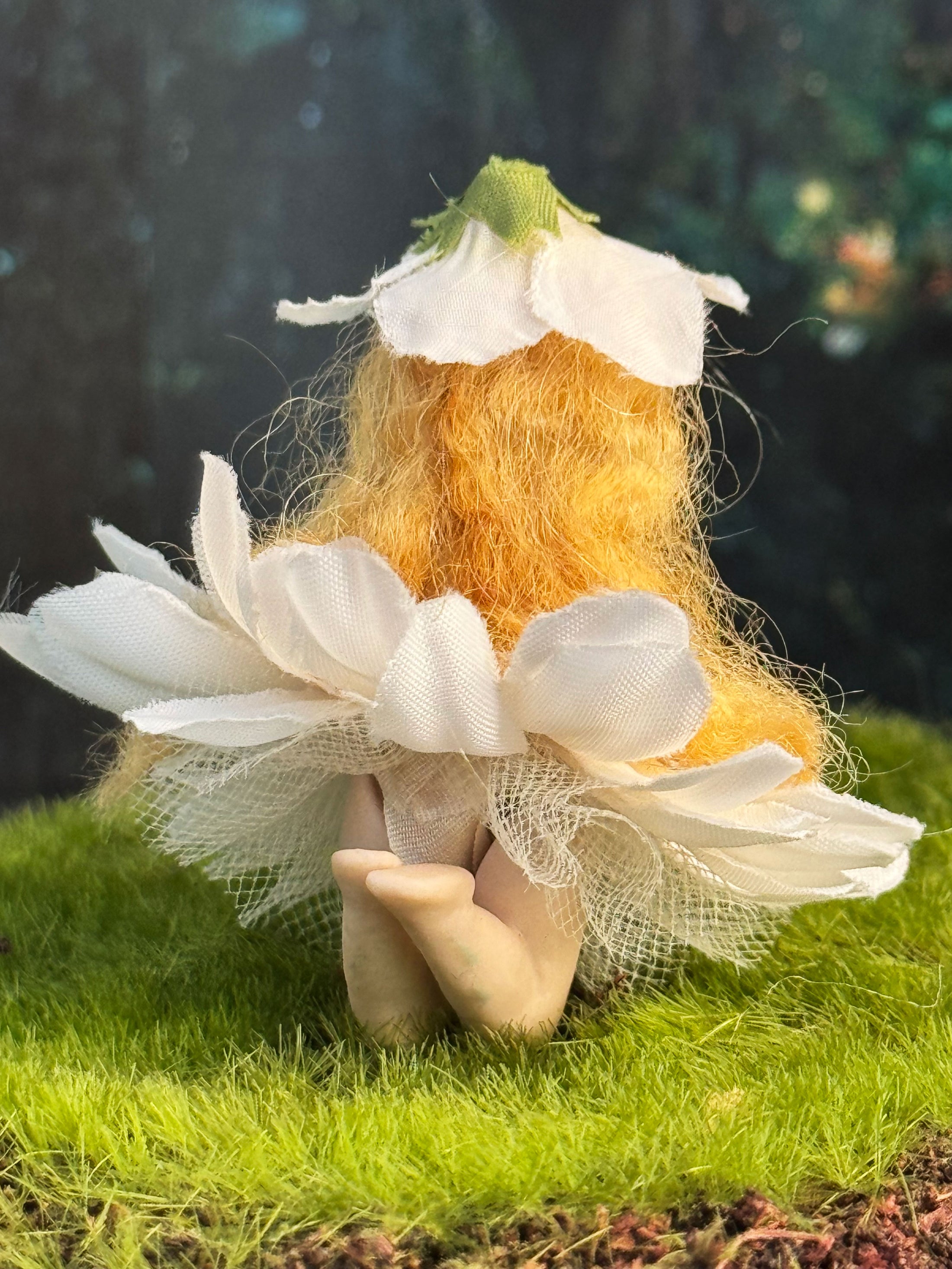 Porcelain Jointed Blonde Flower Fairy Girl Dollhouse Doll, back view