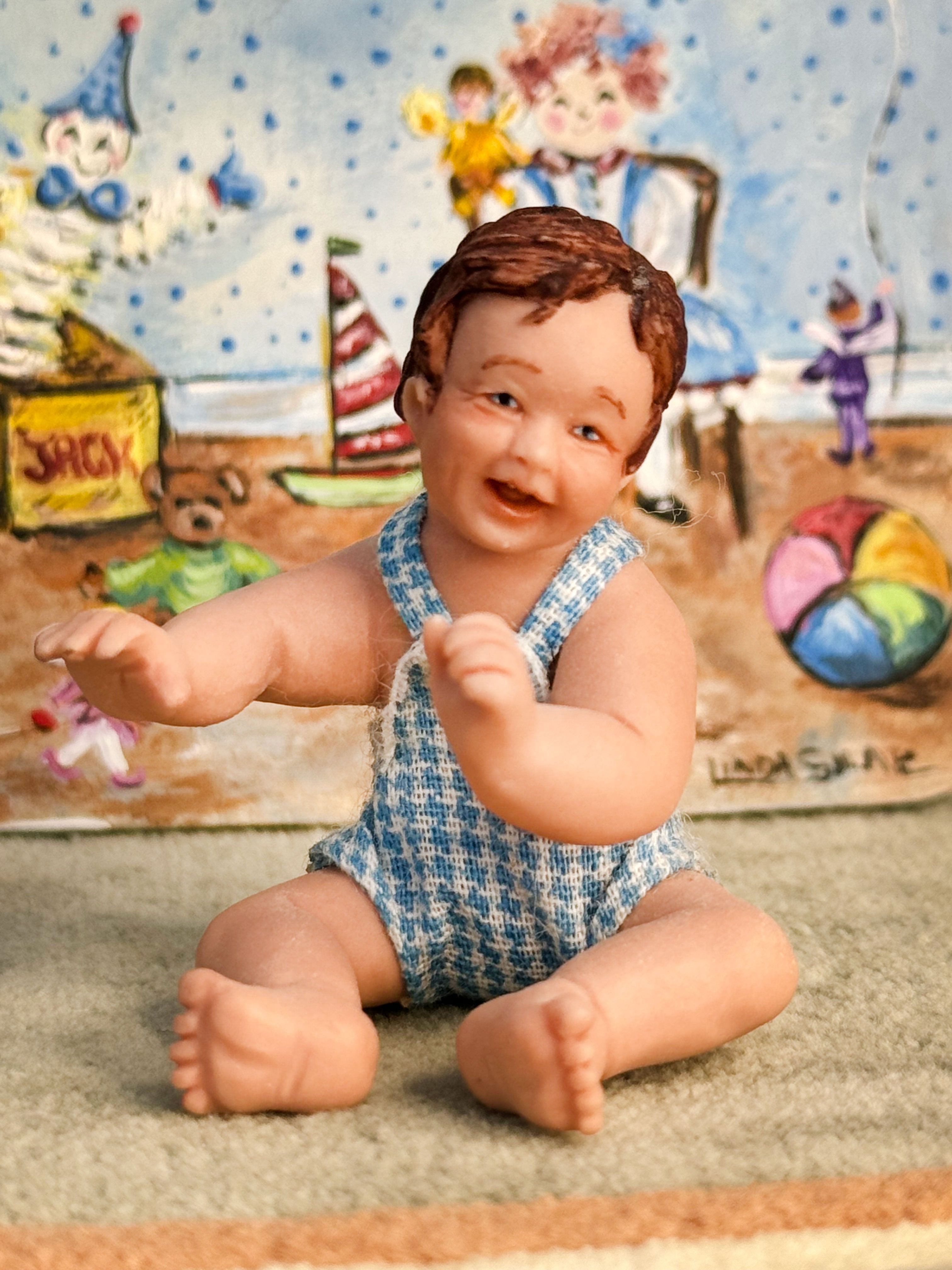 Sculpted Clay Happy Brunette Chubby Toddler Baby Boy Doll, seated, front