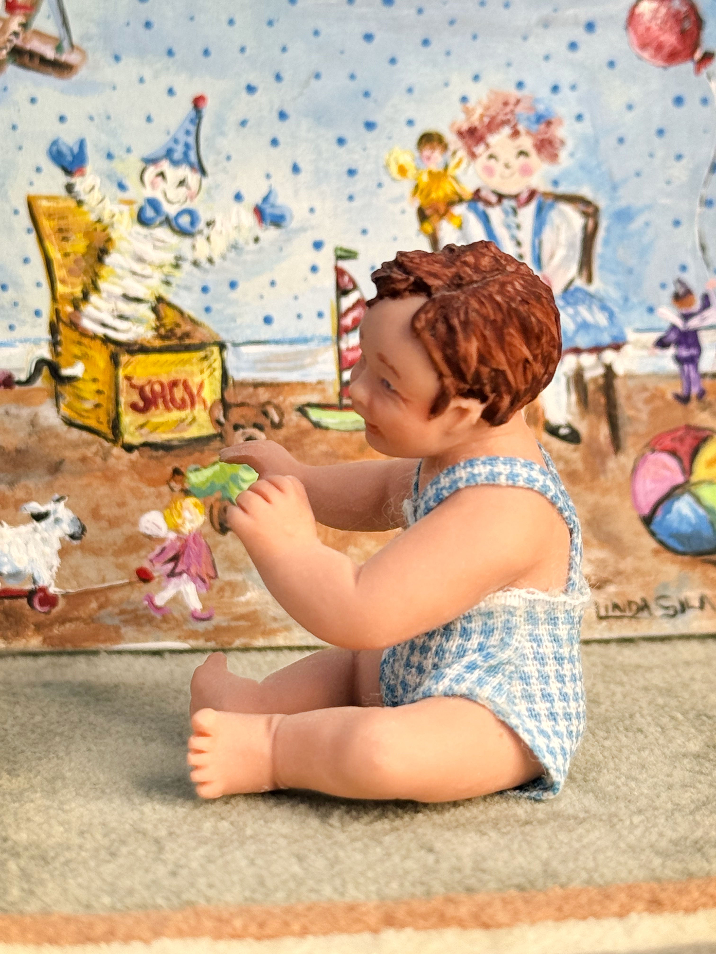 Sculpted Clay Happy Brunette Chubby Toddler Baby Boy Doll, left side