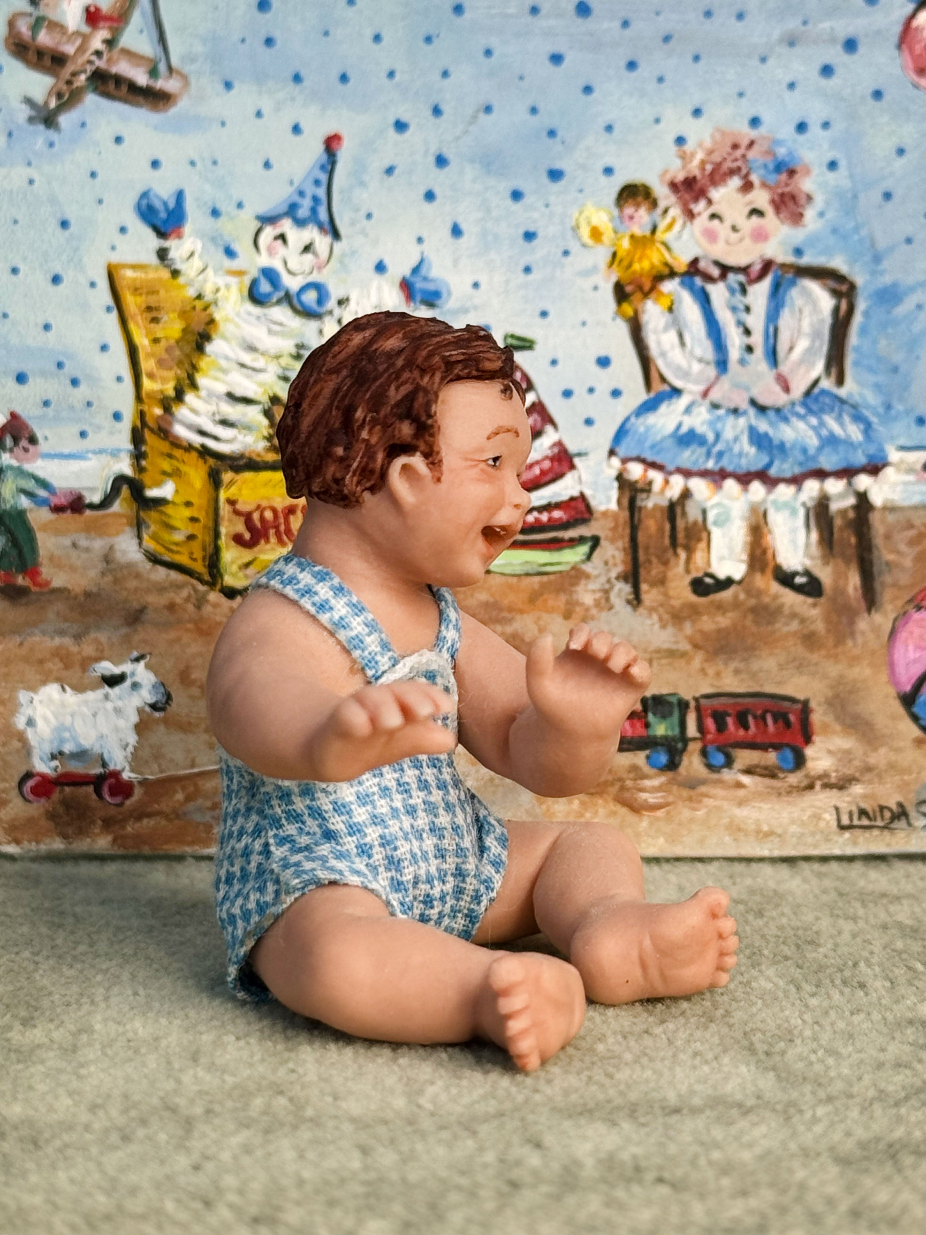 Sculpted Clay Happy Brunette Chubby Toddler Baby Boy Doll, right side 2