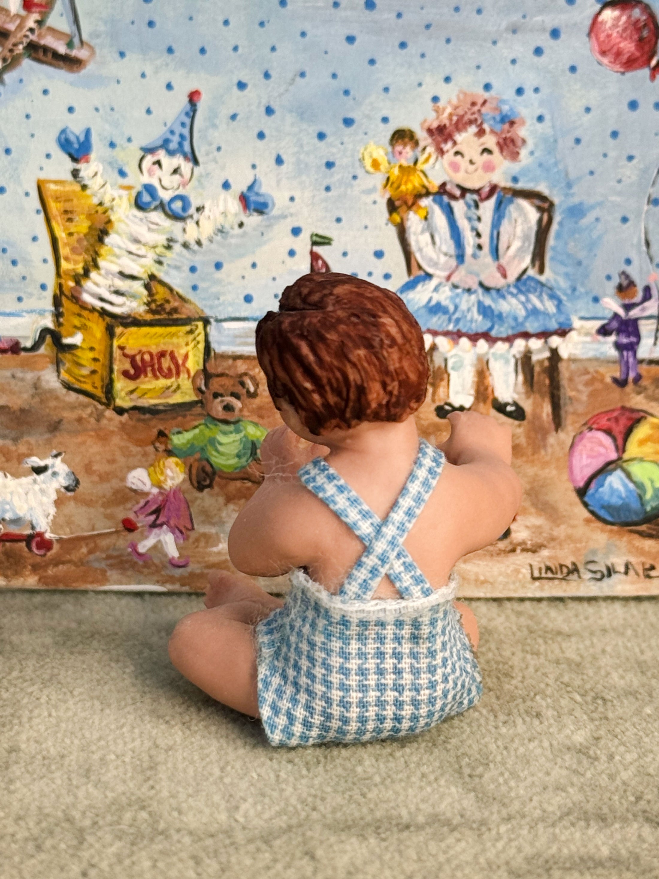 Sculpted Clay Happy Brunette Chubby Toddler Baby Boy Doll, back