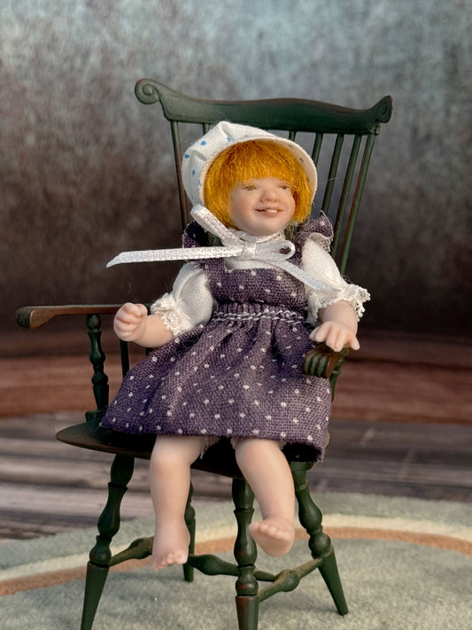 Sculpted Porcelain Red Head Primitive Young Girl Doll, Jointed, front, seated in a chair