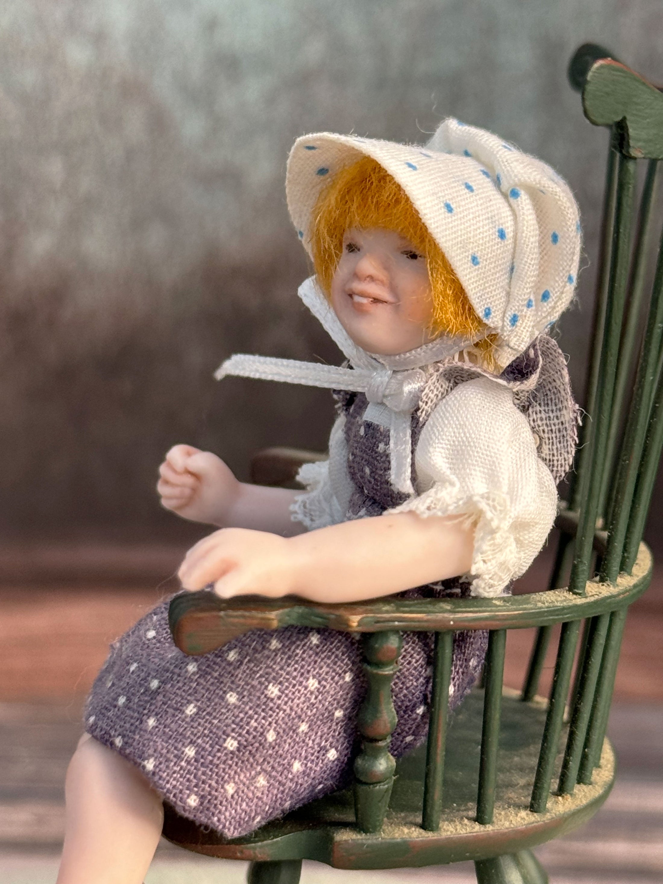 Sculpted Porcelain Red Head Primitive Young Girl Doll, Jointed, seated in a chair
