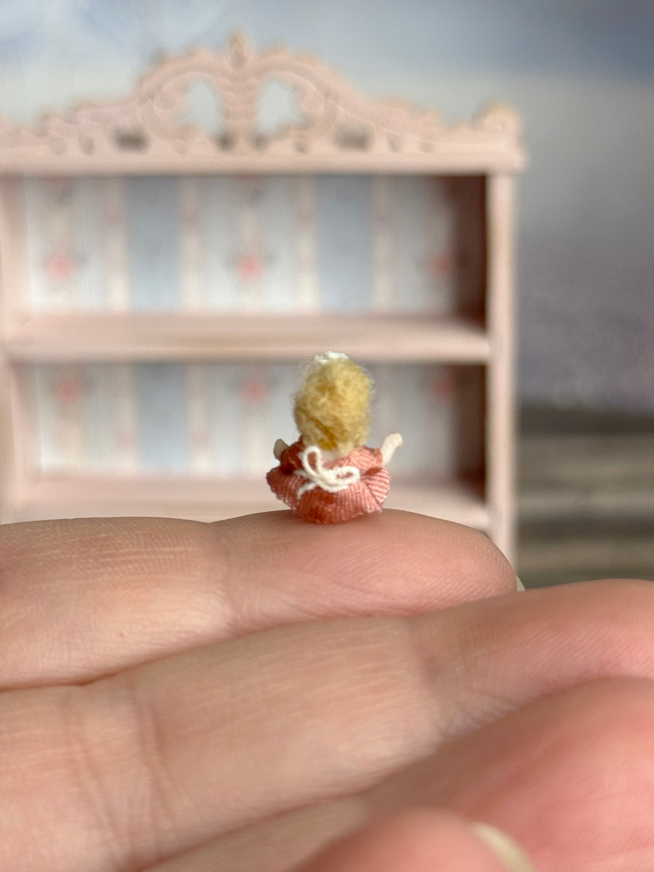 Tiny Little Sculpted Clay Blonde Baby Doll for Dollhouse Child, back view