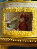 Load image into Gallery viewer, Miniature Dollhouse Yellow Silk Victorian Hatbox with Diorama Hat Shop Scene Inside, zoom in front
