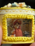 Load image into Gallery viewer, Miniature Dollhouse Yellow Silk Victorian Hatbox with Diorama Hat Shop Scene Inside, alternative zoom view
