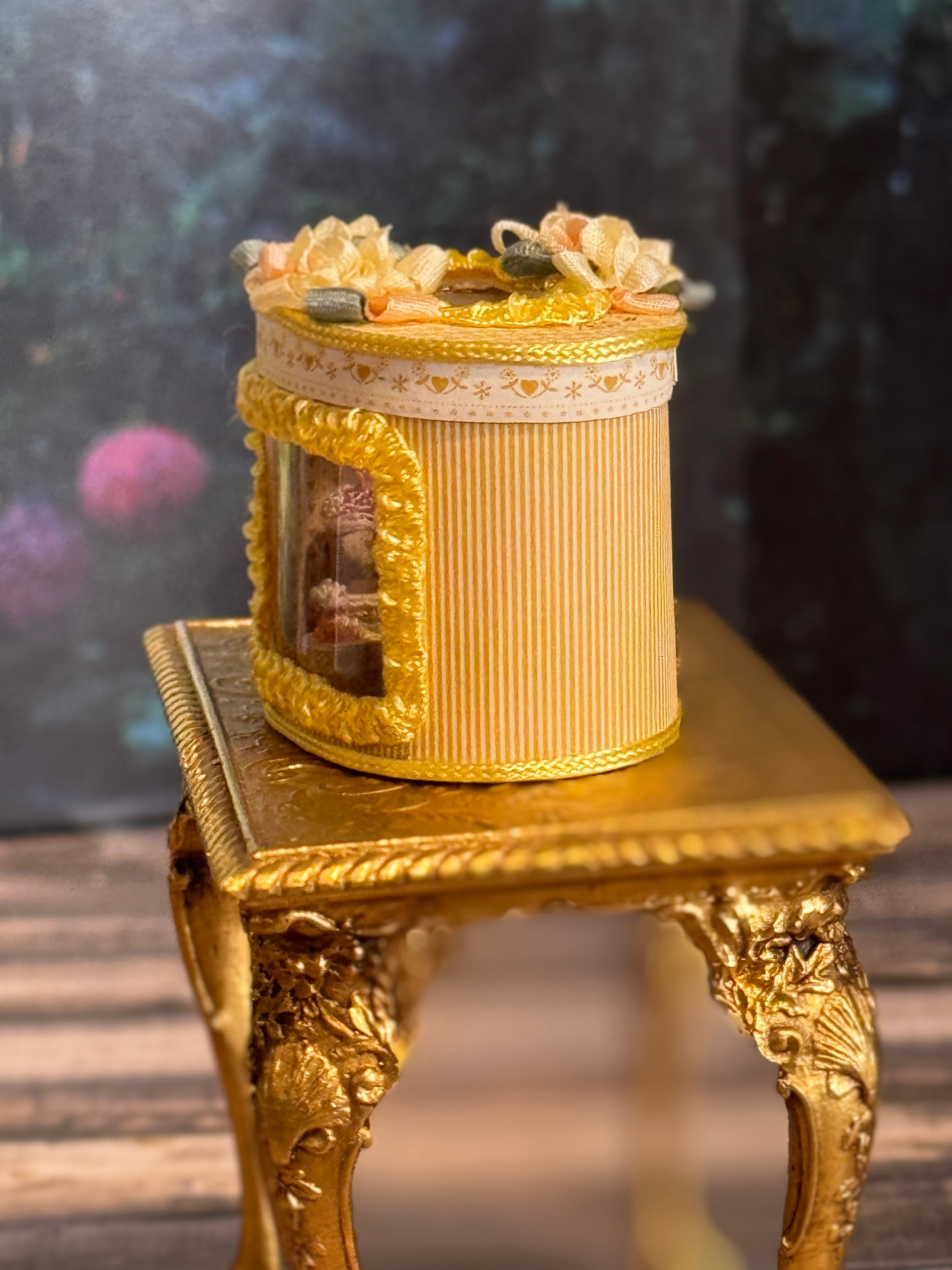 Miniature Dollhouse Yellow Silk Victorian Hatbox with Diorama Hat Shop Scene Inside, side
