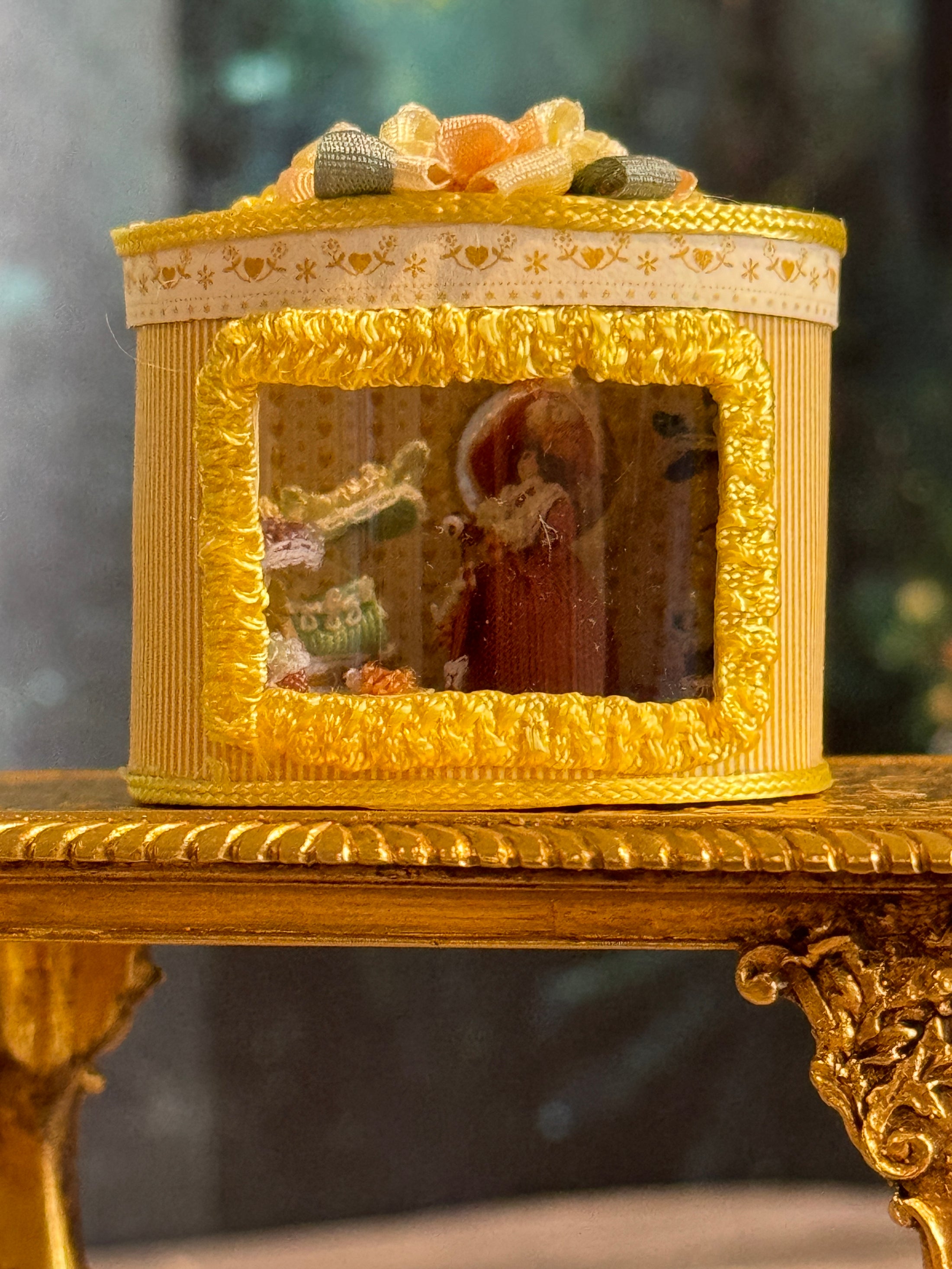 Miniature Dollhouse Yellow Silk Victorian Hatbox with Diorama Hat Shop Scene Inside, front