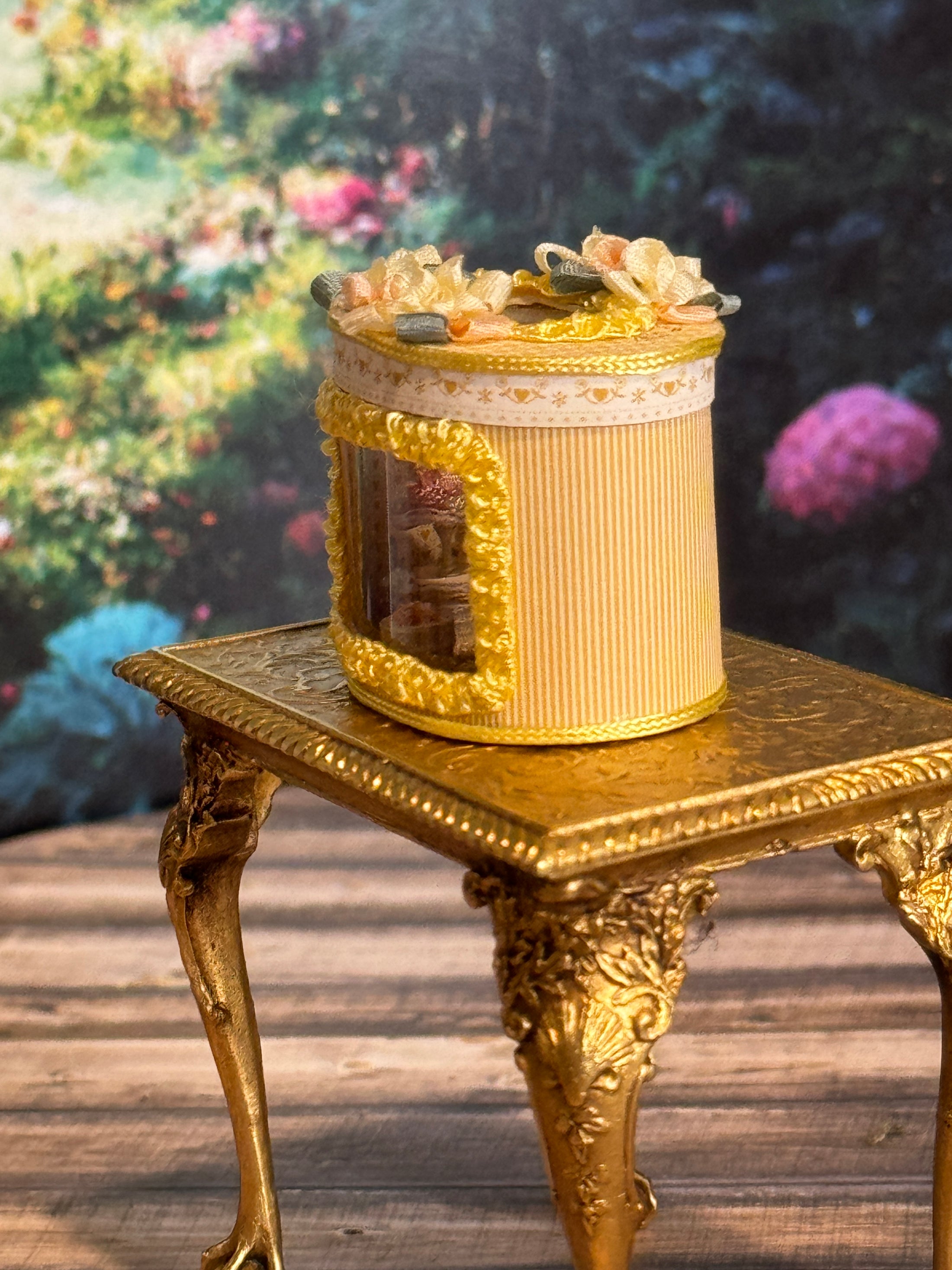 Miniature Dollhouse Yellow Silk Victorian Hatbox with Diorama Hat Shop Scene Inside, side