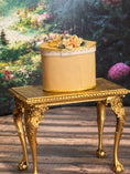 Load image into Gallery viewer, Miniature Dollhouse Yellow Silk Victorian Hatbox with Diorama Hat Shop Scene Inside, back
