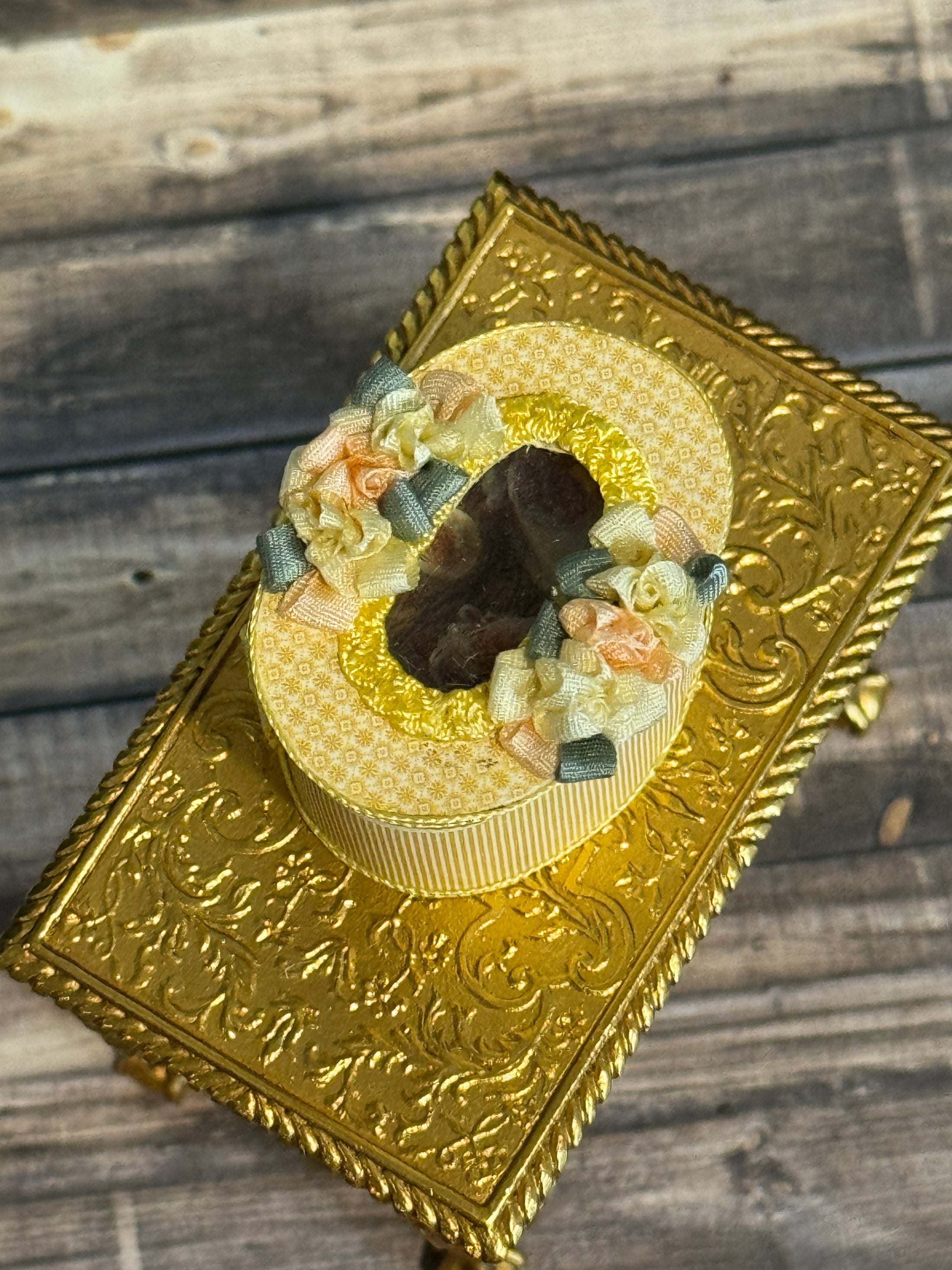 Miniature Dollhouse Yellow Silk Victorian Hatbox with Diorama Hat Shop Scene Inside, top