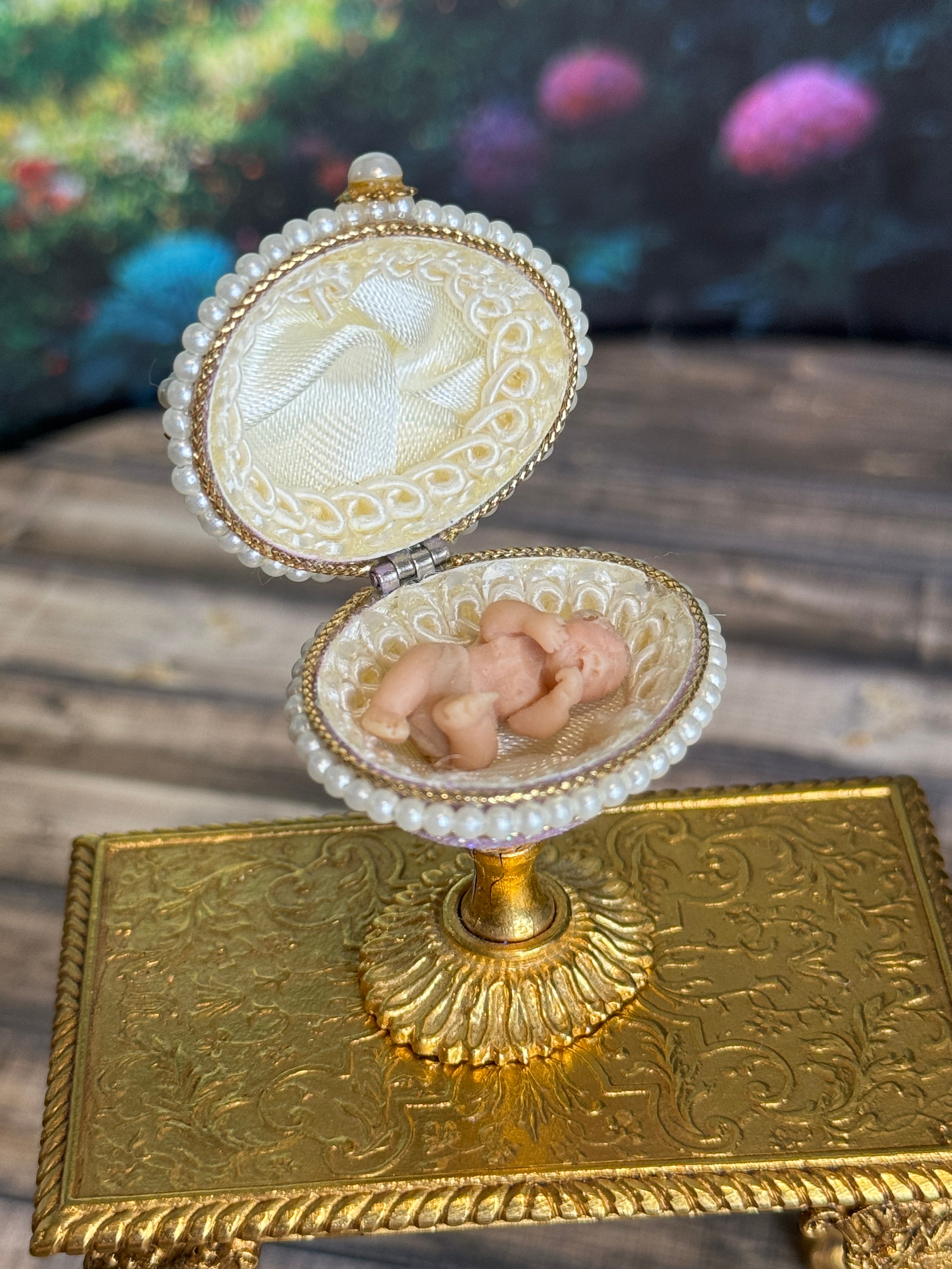 Artisan Signed, 'Hiller' sculpted vintage miniature baby in glittered footed pink egg stand