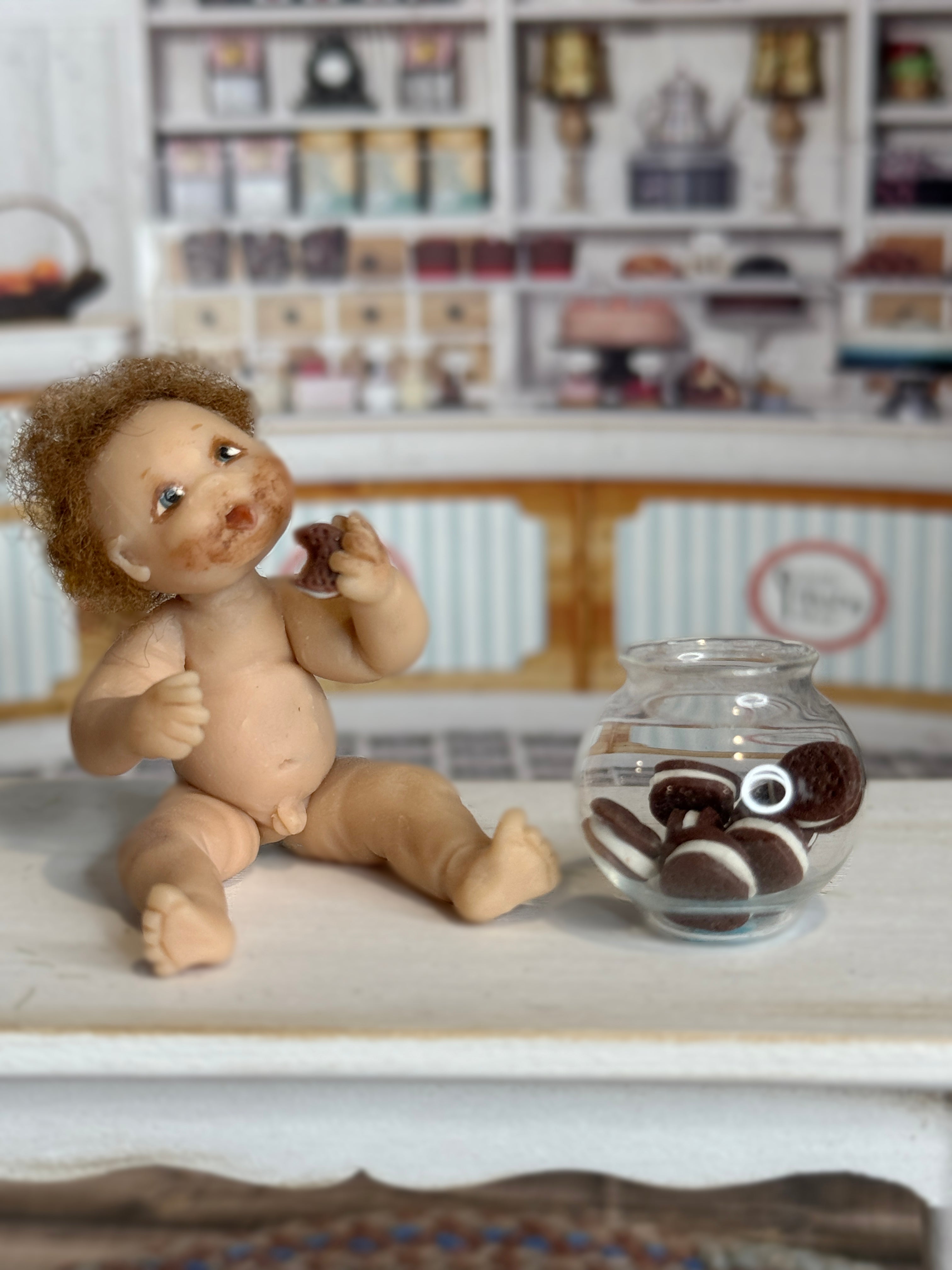 Signed Sculpted Clay Messy Naked Baby Boy with Cookie Jar 1986, close up