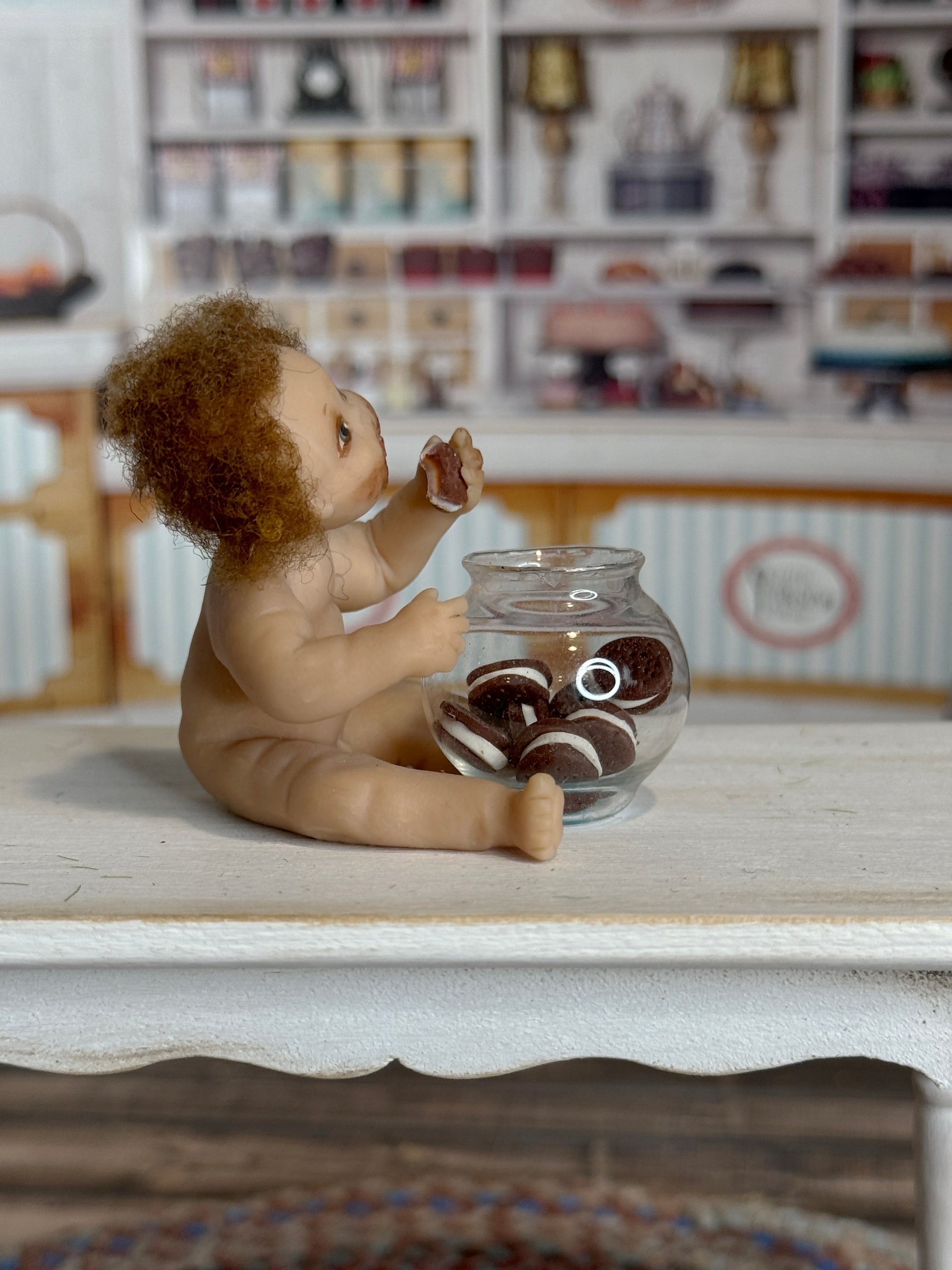 Signed Sculpted Clay Messy Naked Baby Boy with Cookie Jar 1986, side view
