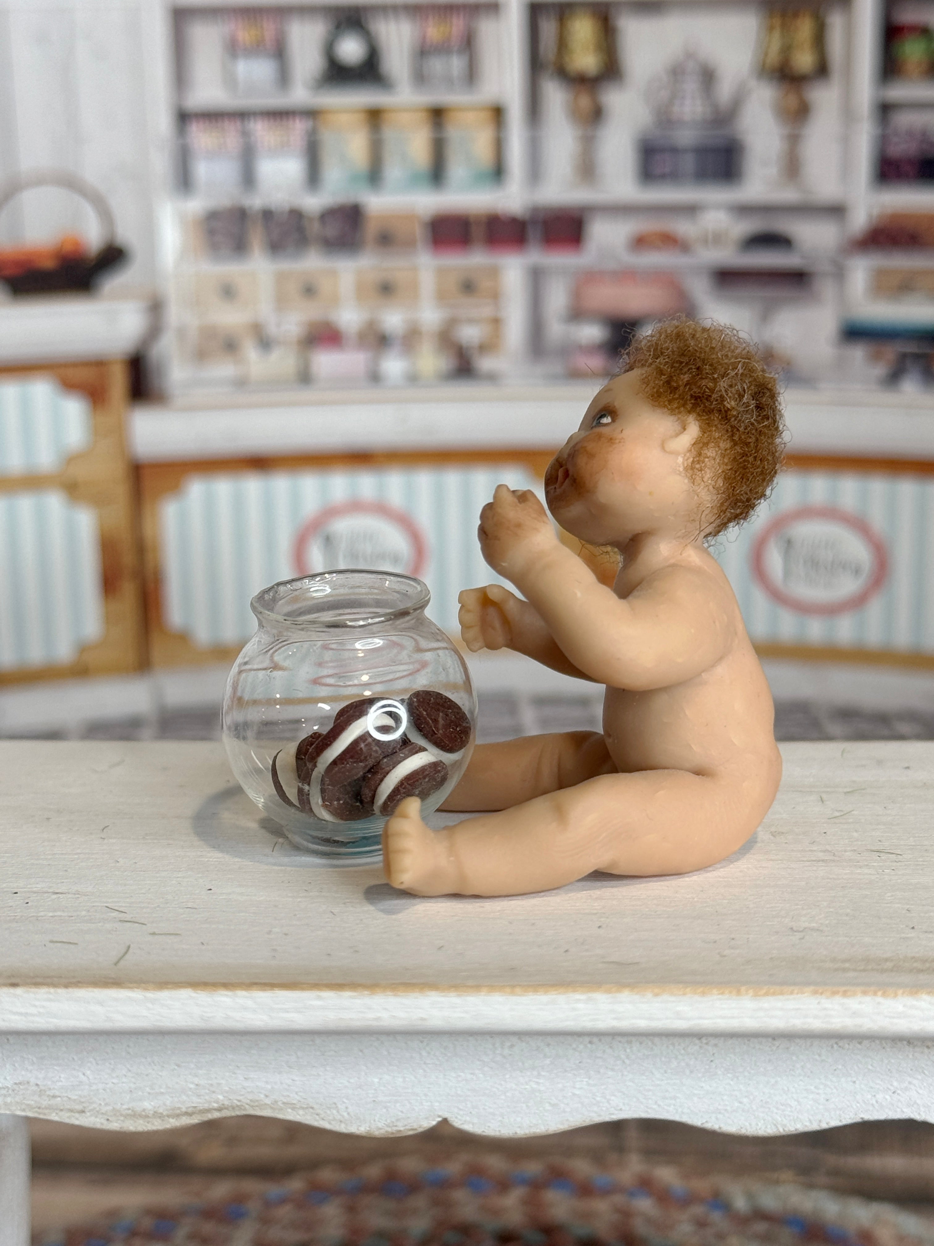 Signed Sculpted Clay Messy Naked Baby Boy with Cookie Jar 1986, other side view