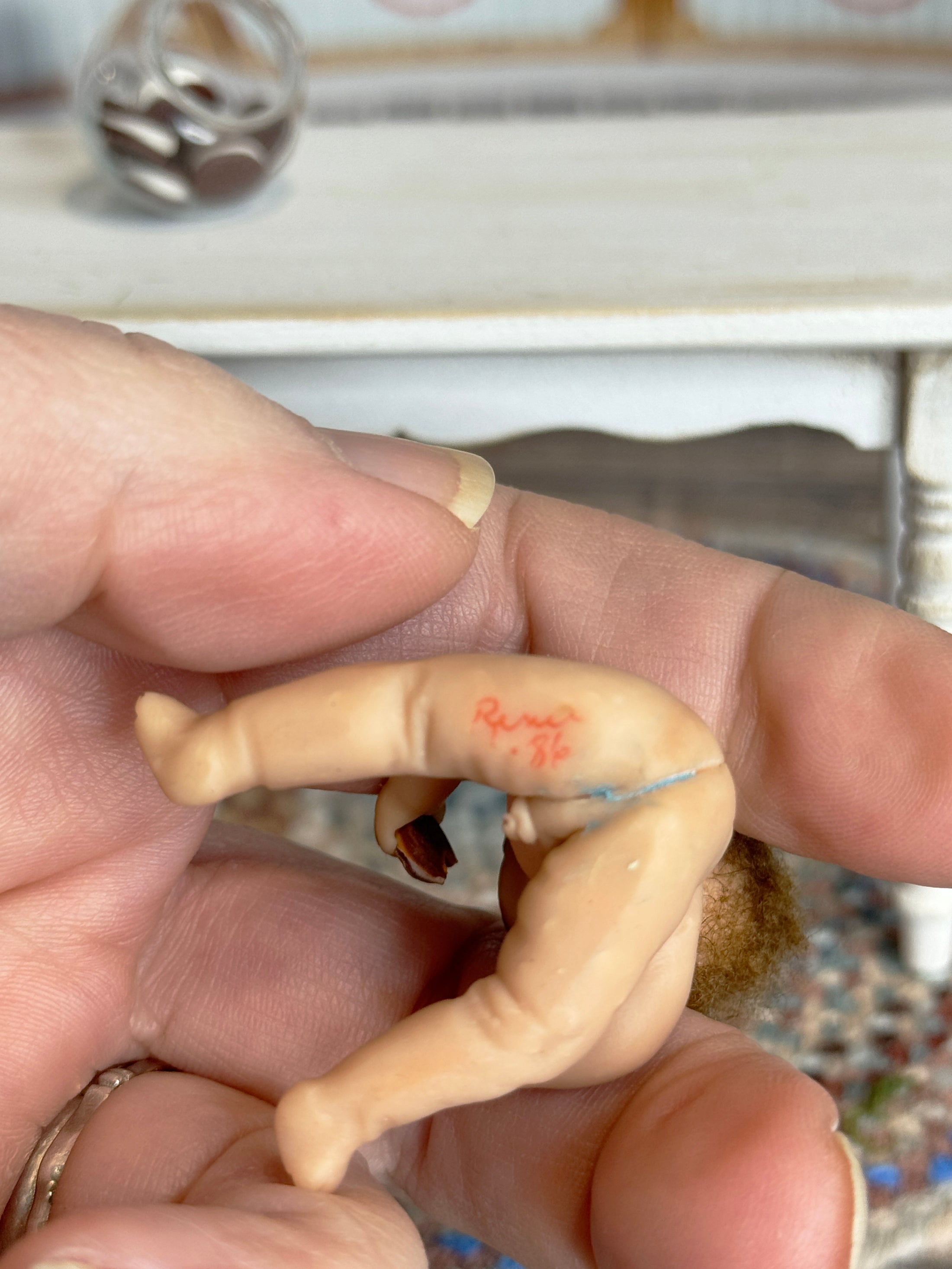 Signed Sculpted Clay Messy Naked Baby Boy with Cookie Jar 1986, underside signature