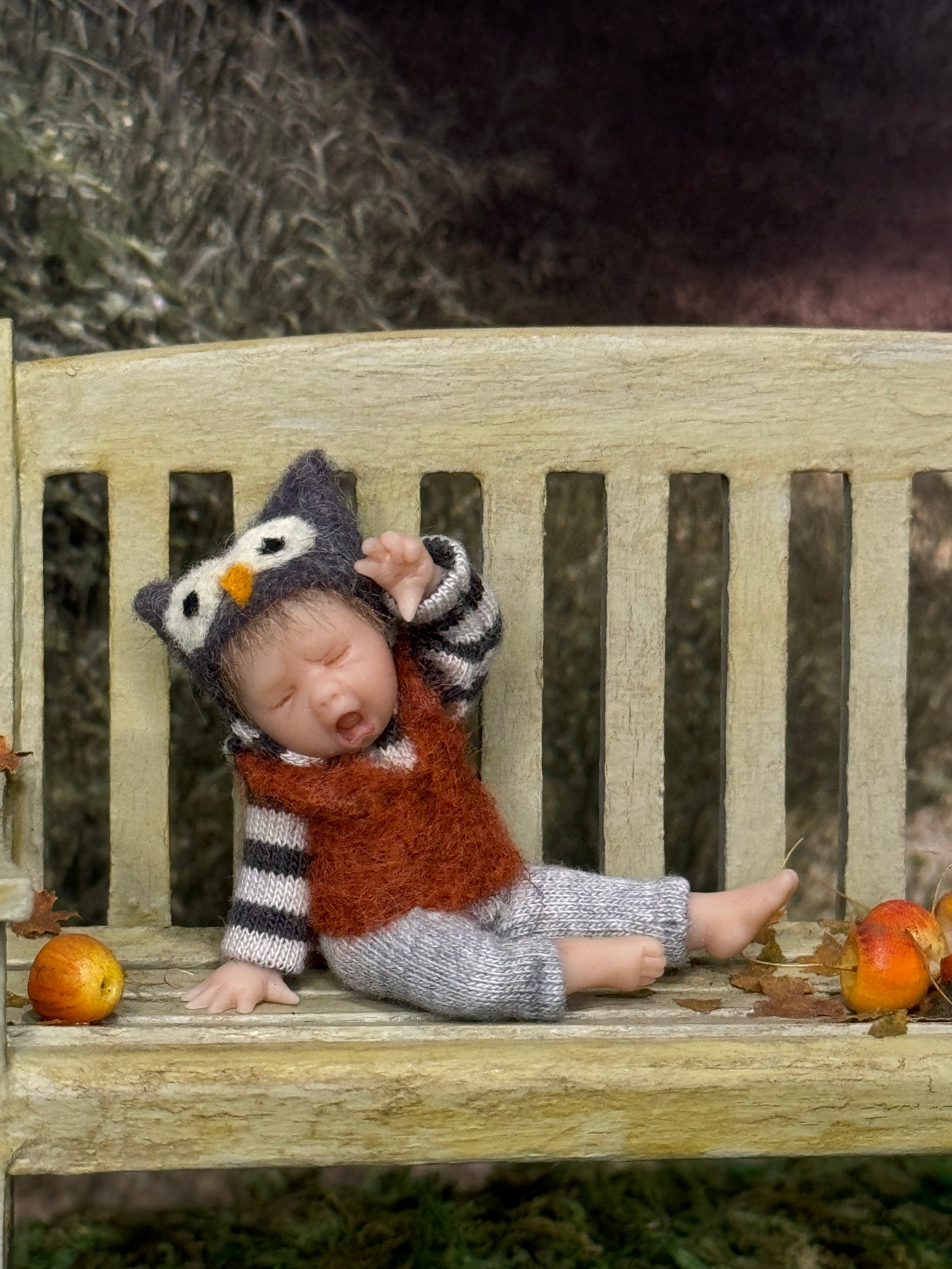 RARE Yawning Sleepy Baby Boy Dollhouse Doll Germany Angelika Mannersdorfer, sitting on bench