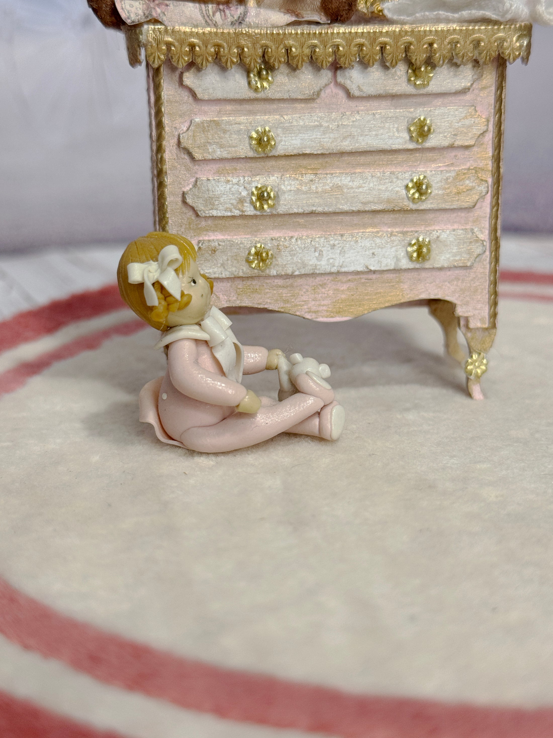 Sculpted Clay Baby Girl Doll in Pink Pajamas with Teddy Bear, other side view