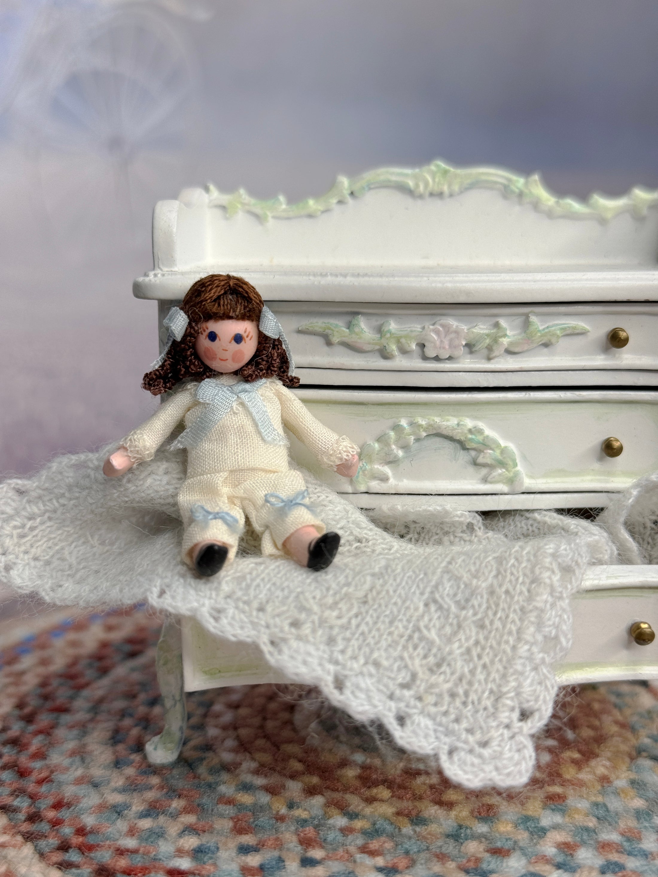 Cute Brunette Victorian Toy Doll for Dollhouse Child, mixed media, sitting in open drawer of dresser
