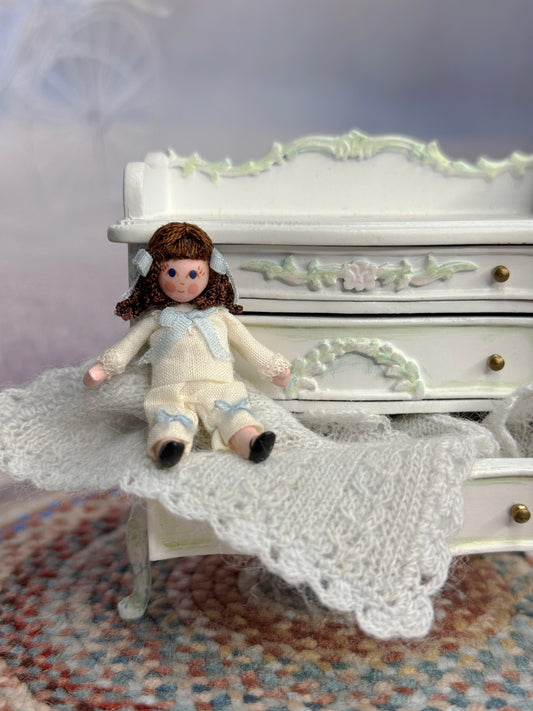 Cute Brunette Victorian Toy Doll for Dollhouse Child, mixed media, sitting in open drawer of dresser