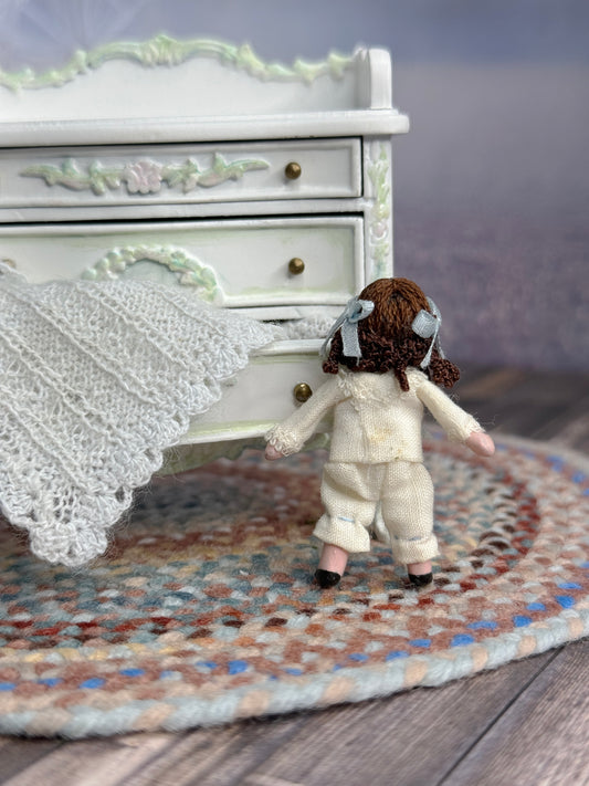 Cute Brunette Victorian Toy Doll for Dollhouse Child, mixed media, back view