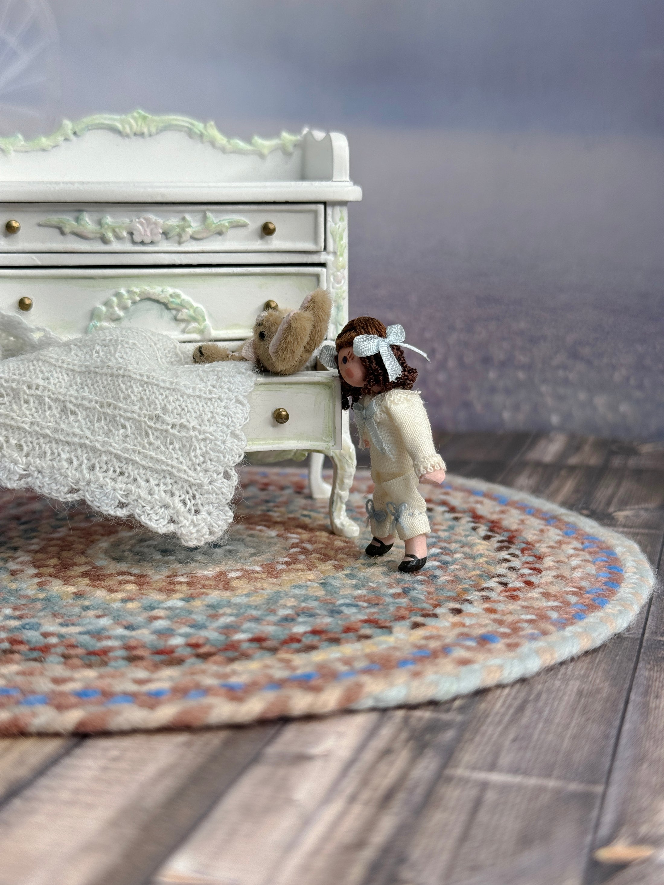 Cute Brunette Victorian Toy Doll for Dollhouse Child, left side view