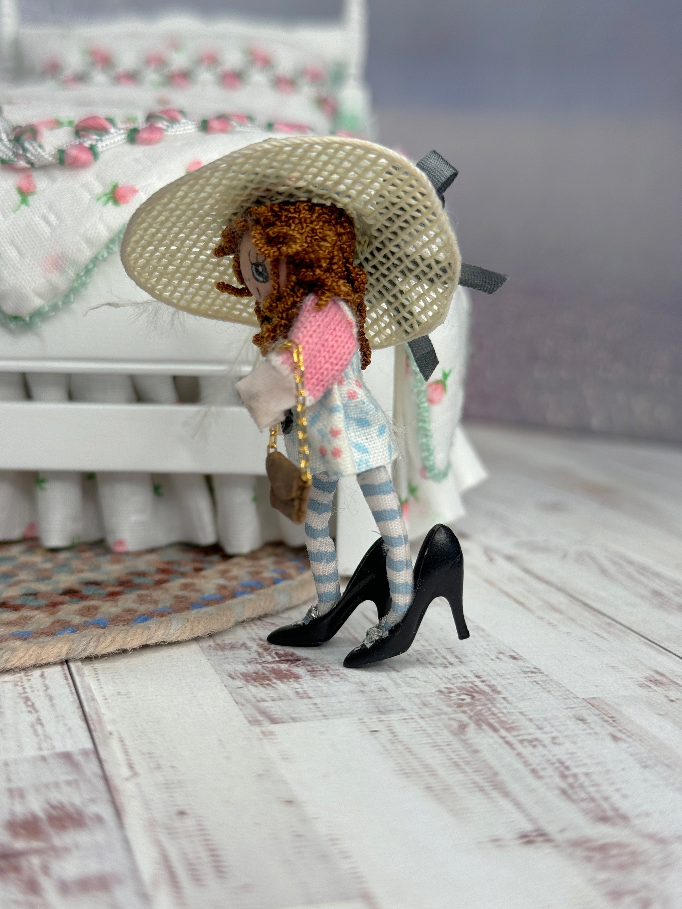 Tiny Clay Little Toy Dolly in Dress Up Clothes & Heels, left side view