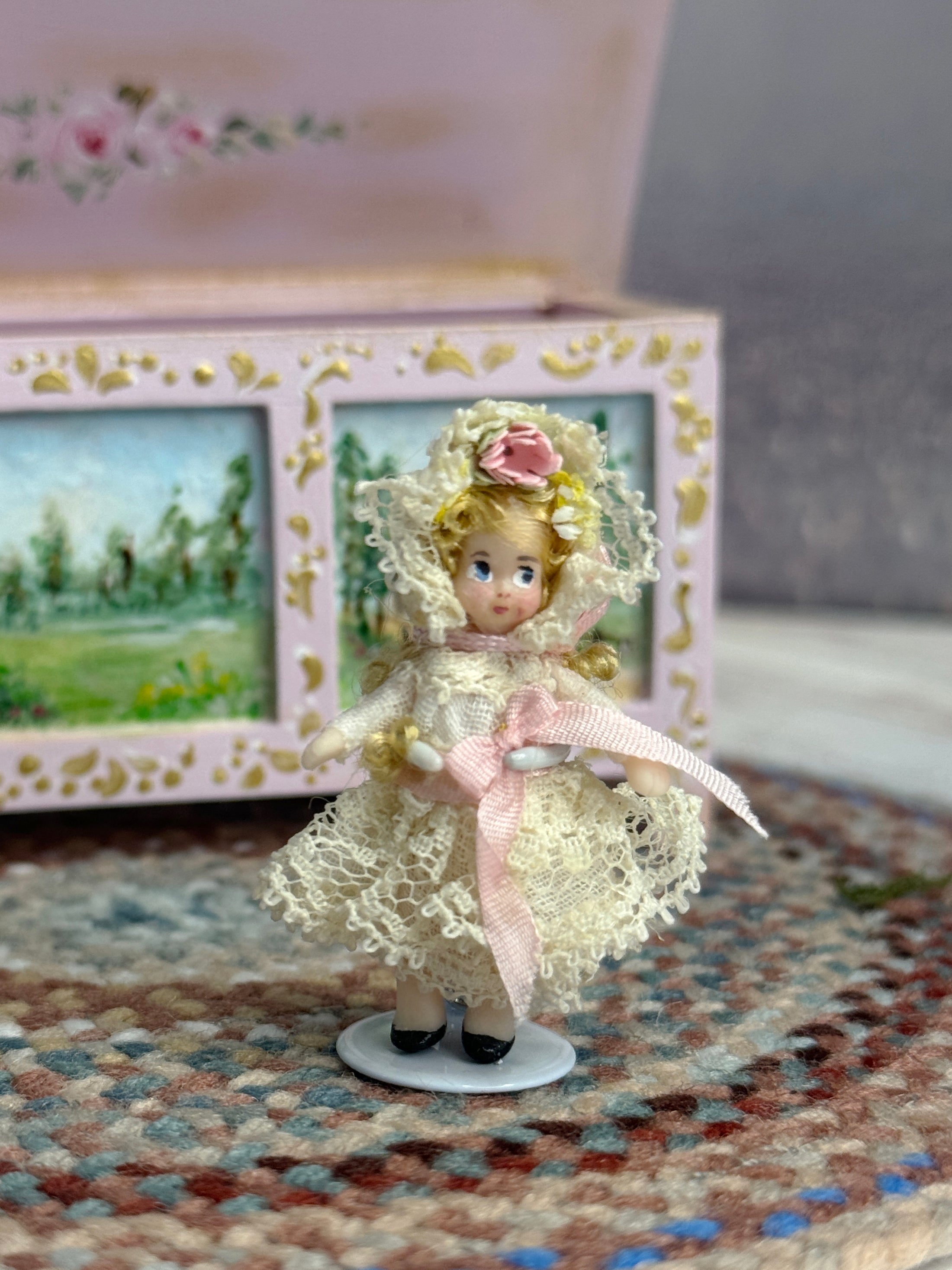 Almudena Gonzalez Spain Victorian Clay Blonde Little Girl Toy Doll Lace Dress, front side view