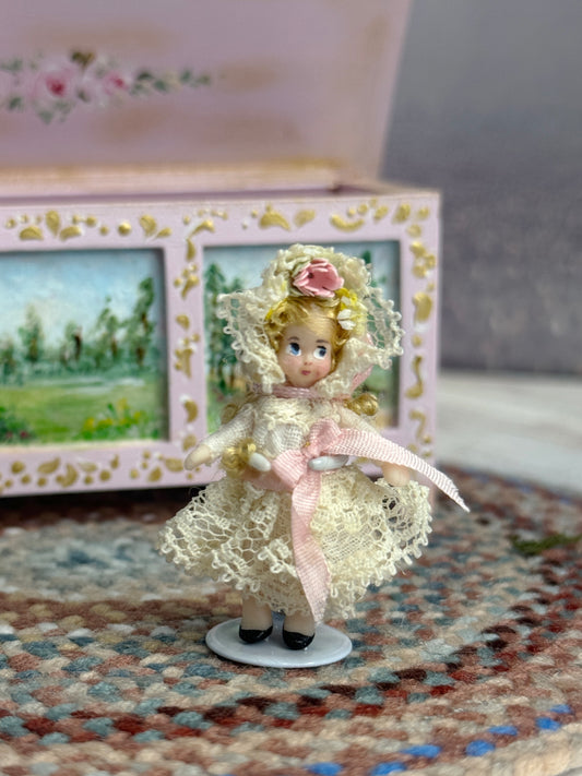 Almudena Gonzalez Spain Victorian Clay Blonde Little Girl Toy Doll Lace Dress, front side view