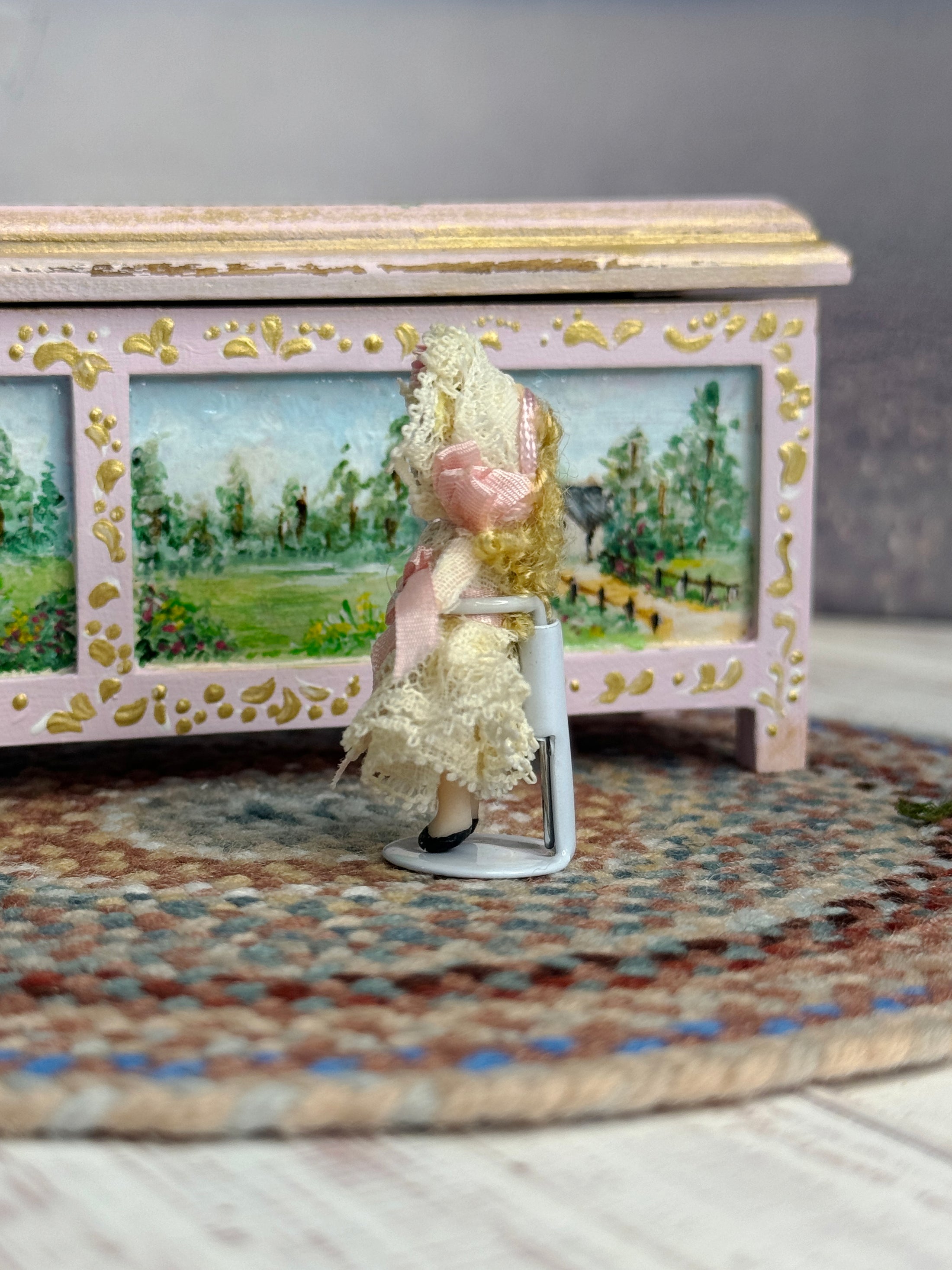 Almudena Gonzalez Spain Victorian Clay Blonde Little Girl Toy Doll Lace Dress, left side view