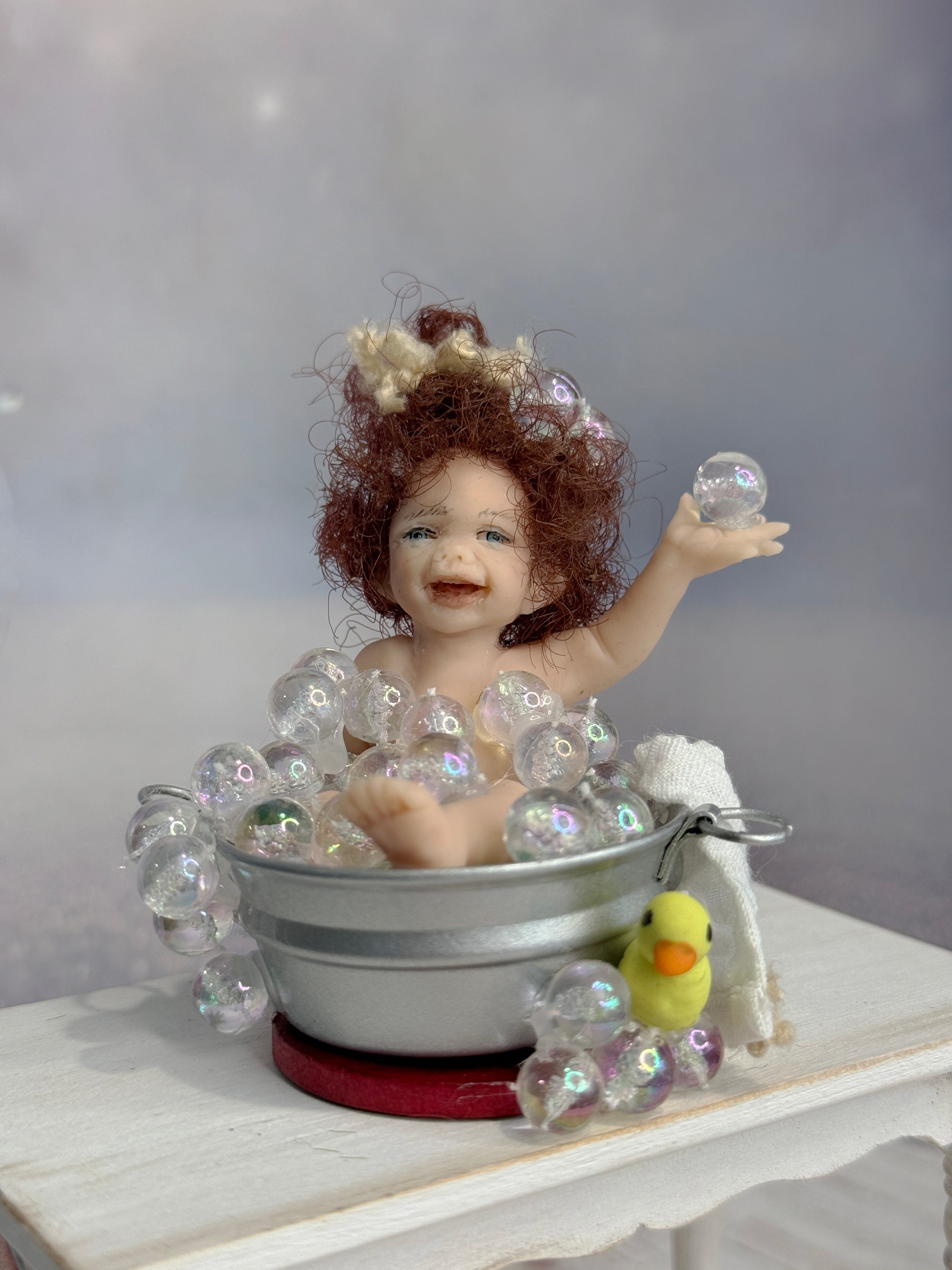 Fun Sculpted Clay Bathing Baby Infant Doll in Tub of Bubbles Diorama, front view