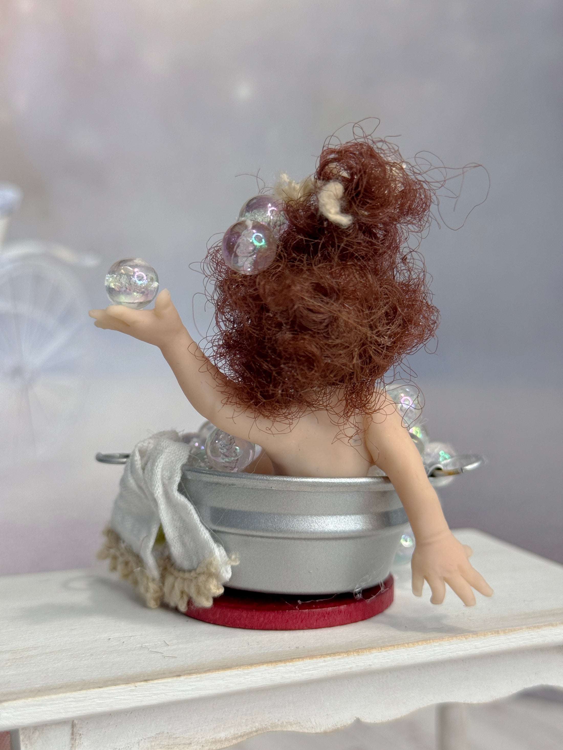 Fun Sculpted Clay Bathing Baby Infant Doll in Tub of Bubbles Diorama, back side