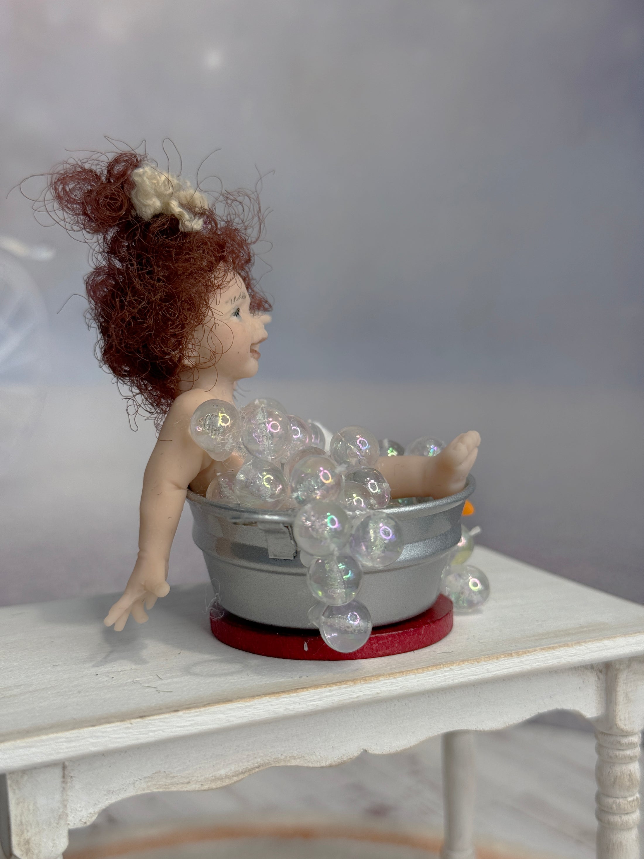 Fun Sculpted Clay Bathing Baby Infant Doll in Tub of Bubbles Diorama, right side view