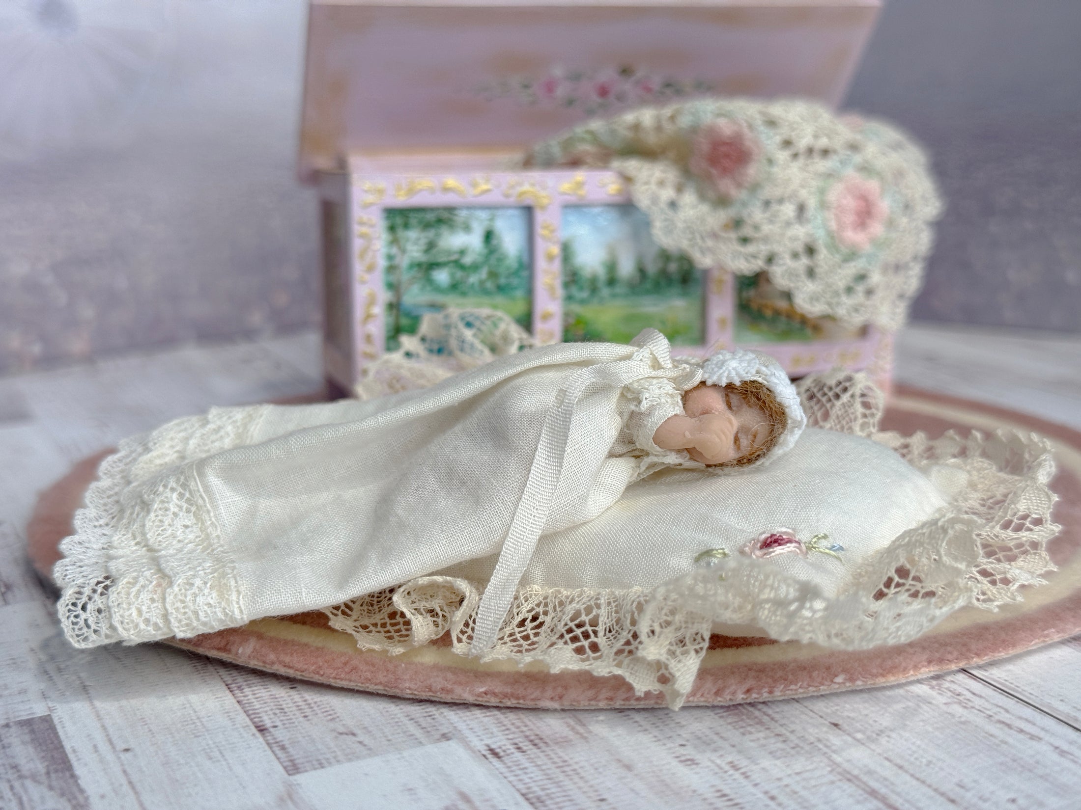 Sleeping Sculpted Clay Baby Infant Doll in Gown with Pillow, right side view