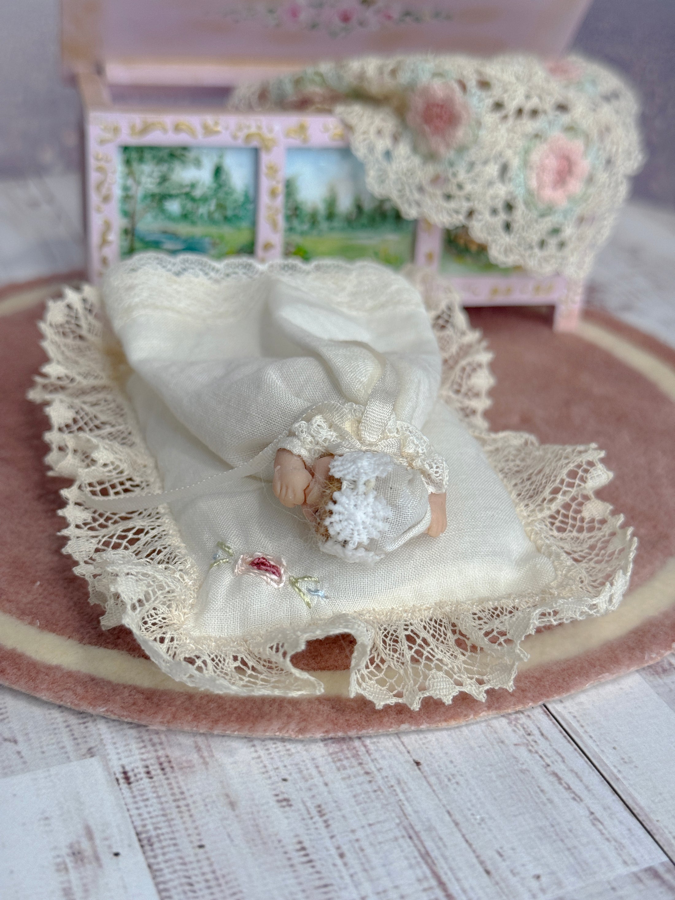 Sleeping Sculpted Clay Baby Infant Doll in Gown with Pillow, top of head