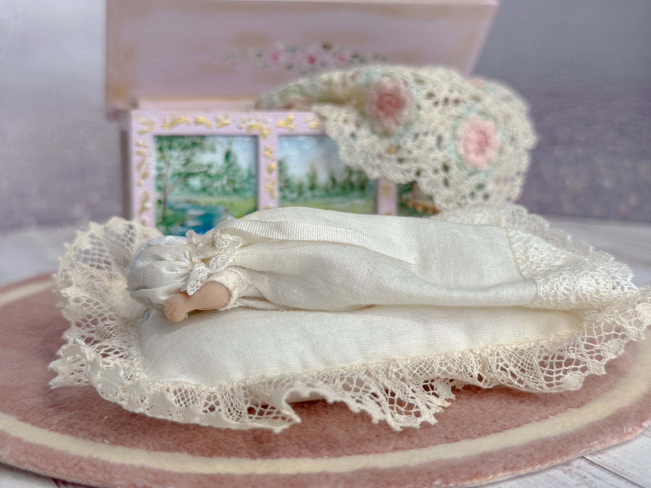 Sleeping Sculpted Clay Baby Infant Doll in Gown with Pillow
