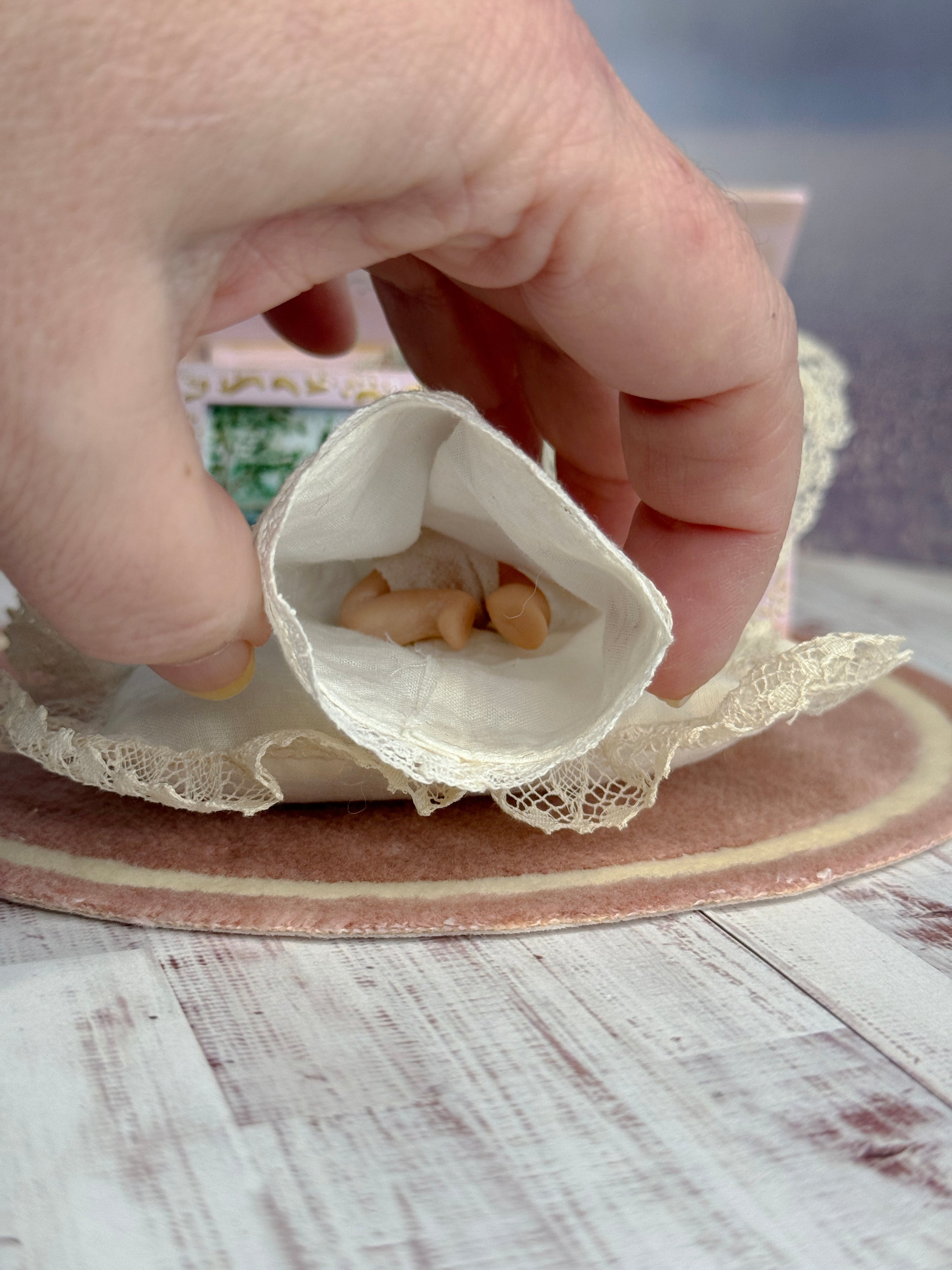 Sleeping Sculpted Clay Baby Infant Doll in Gown with Pillow