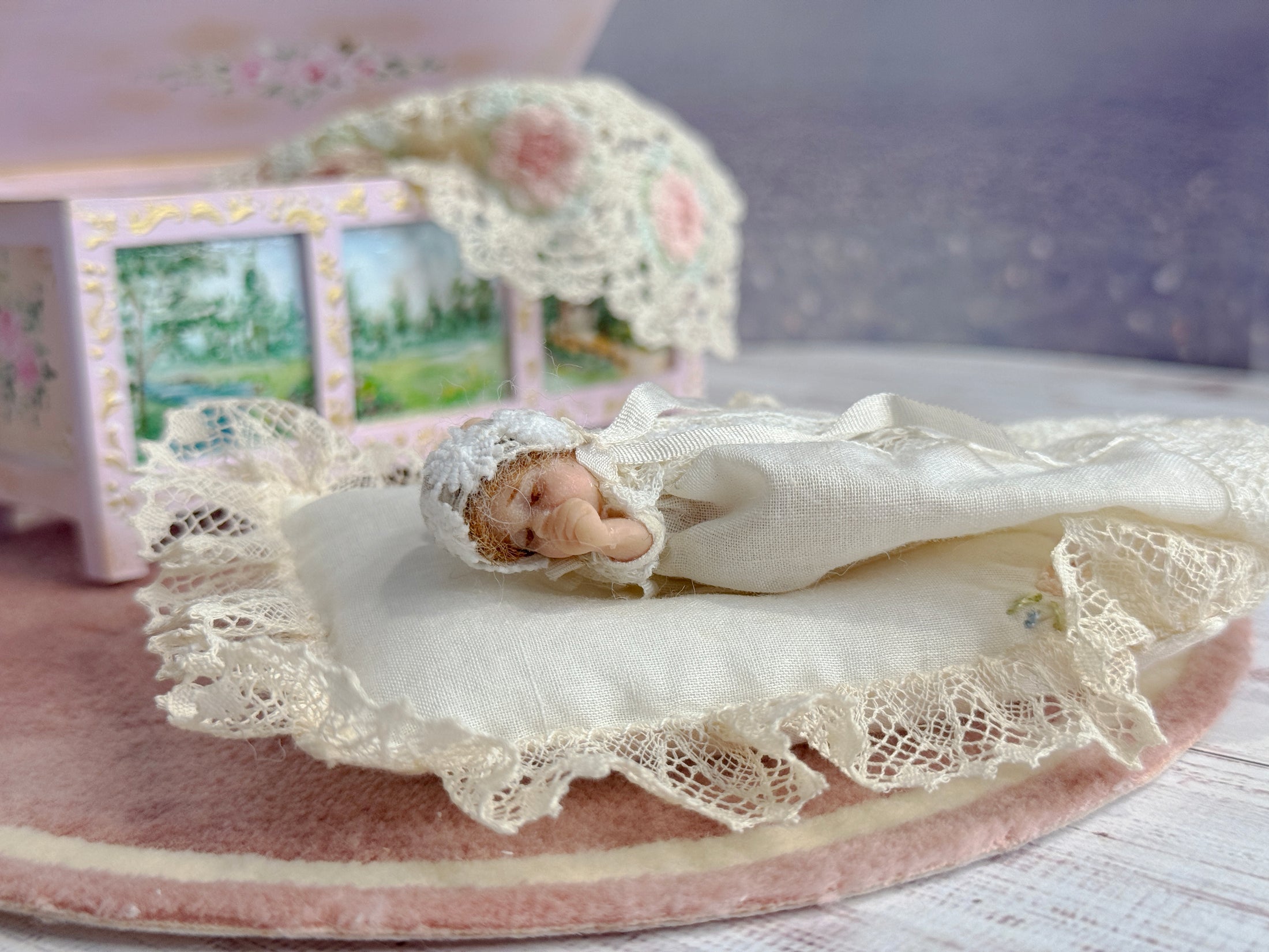 Sleeping Sculpted Clay Baby Infant Doll in Gown with Pillow