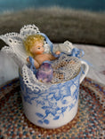 Load image into Gallery viewer, Tea Cup & Bluebird Diorama with Jointed Porcelain Baby Doll, right side view
