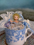 Load image into Gallery viewer, Tea Cup & Bluebird Diorama with Jointed Porcelain Baby Doll, zoom in view
