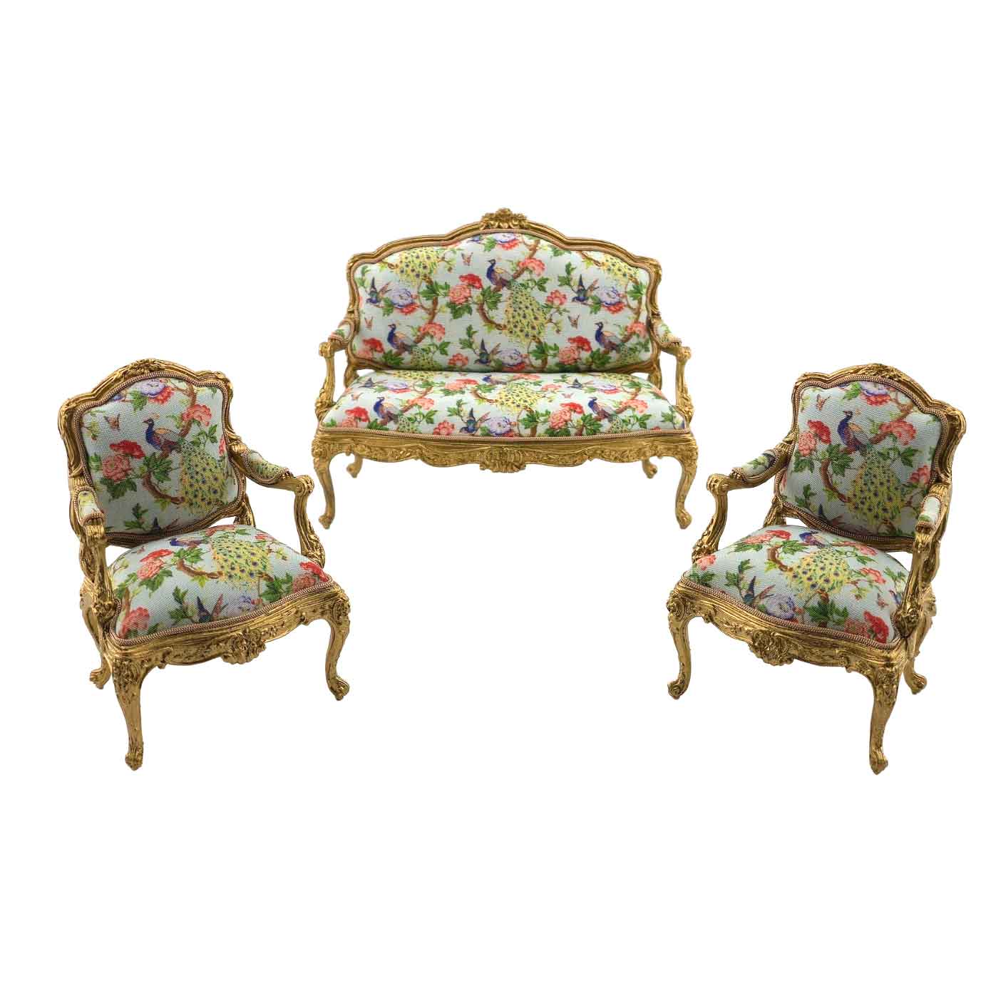 John J. Hodgson Gold-Leafed Peacock Upholstered Settee & Armchairs 3-Piece Living Room Set