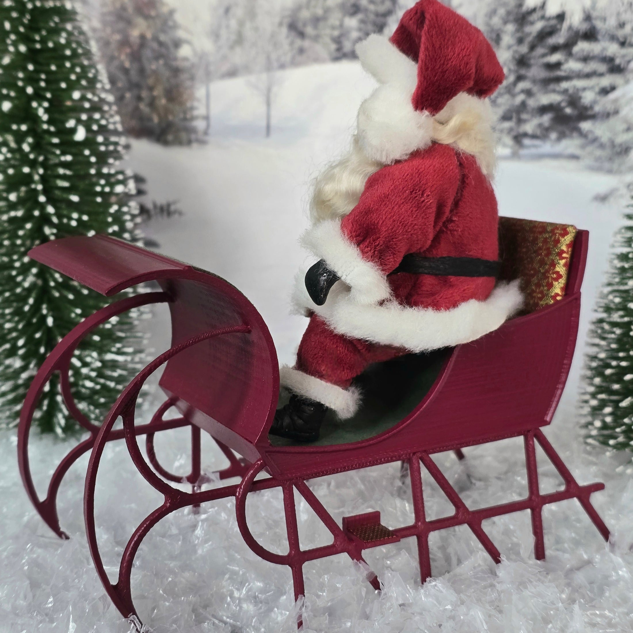 Vintage Artisan Santa Claus in Red Sleigh Handcrafted Composite Doll & Wooden Sleigh (1960s, 1:12 Scale)