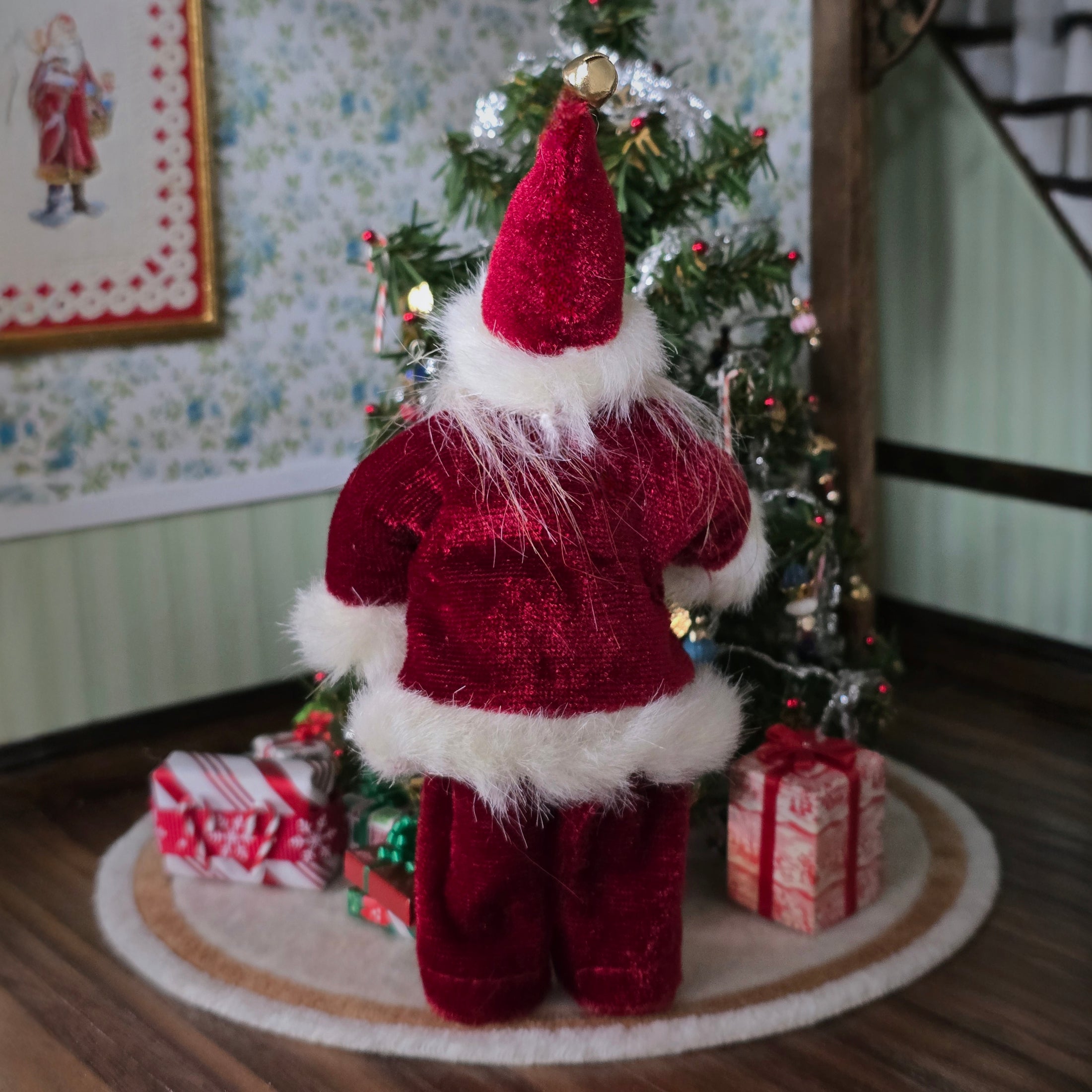 Porcelain Short & Rotund Santa Claus Doll in Silk Velvet Suit Handcrafted 1:12 Scale Miniature