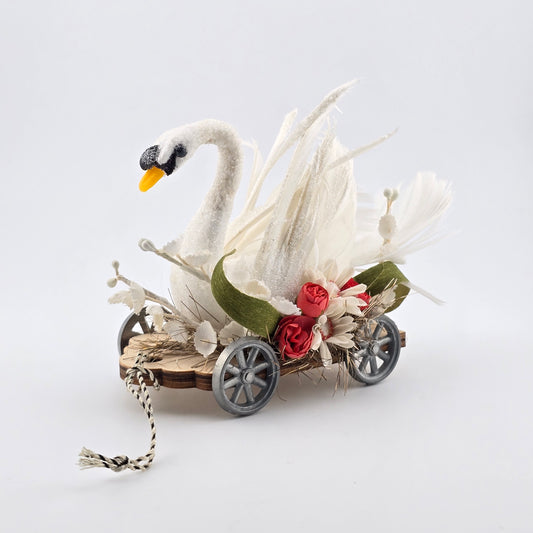 Spun Cotton Swan Pull Cart – OOAK Holiday Miniature by Wendy Addison 1:12 Scale