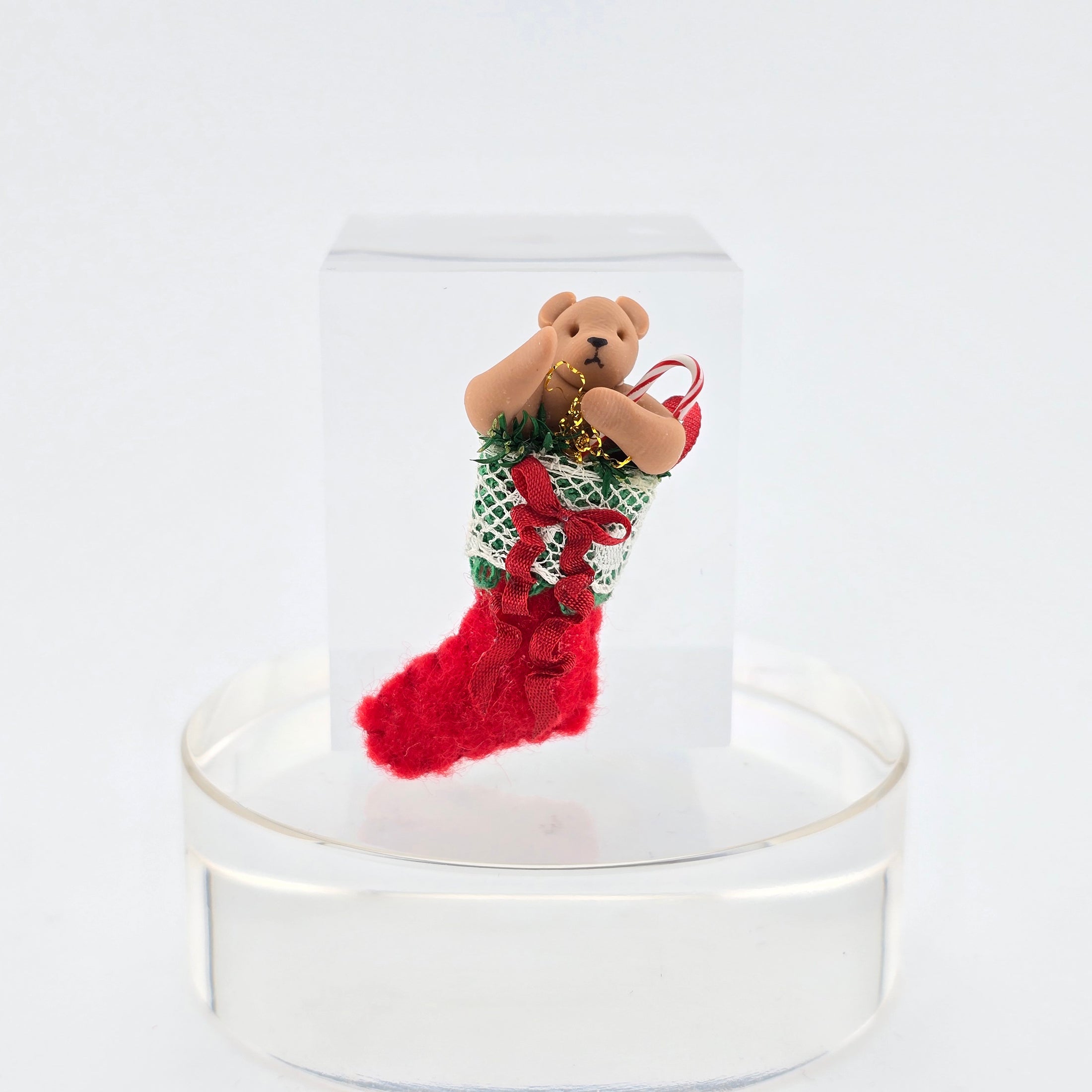 Red Christmas Stocking with Lace Cuff, Red Bow & Teddy Bear (Candy Cane Left Paw)