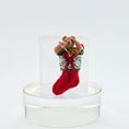 Load image into Gallery viewer, Small teddy bear in a red stocking on a white background
