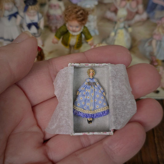 Tiniest Vintage 1" Doll in Box Blue Georgian Dress Ringlets Incredible