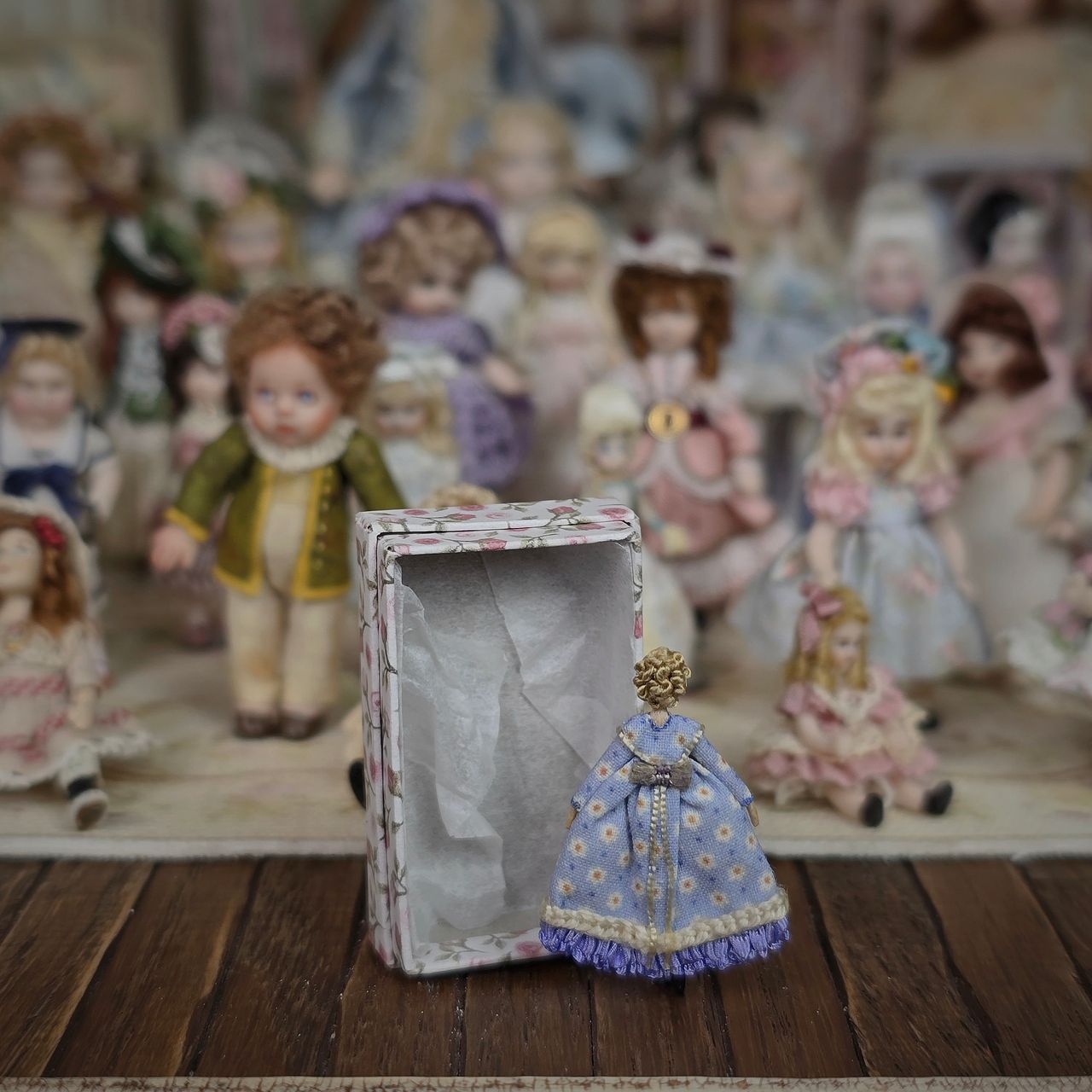 Tiniest Vintage 1" Doll in Box Blue Georgian Dress Ringlets Incredible